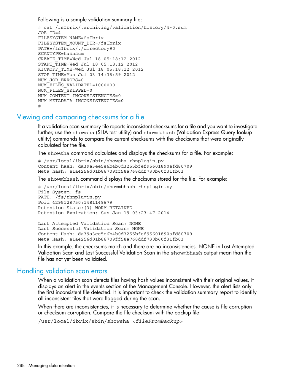 Viewing and comparing checksums for a file, Handling validation scan errors | HP StoreAll Storage User Manual | Page 288 / 406
