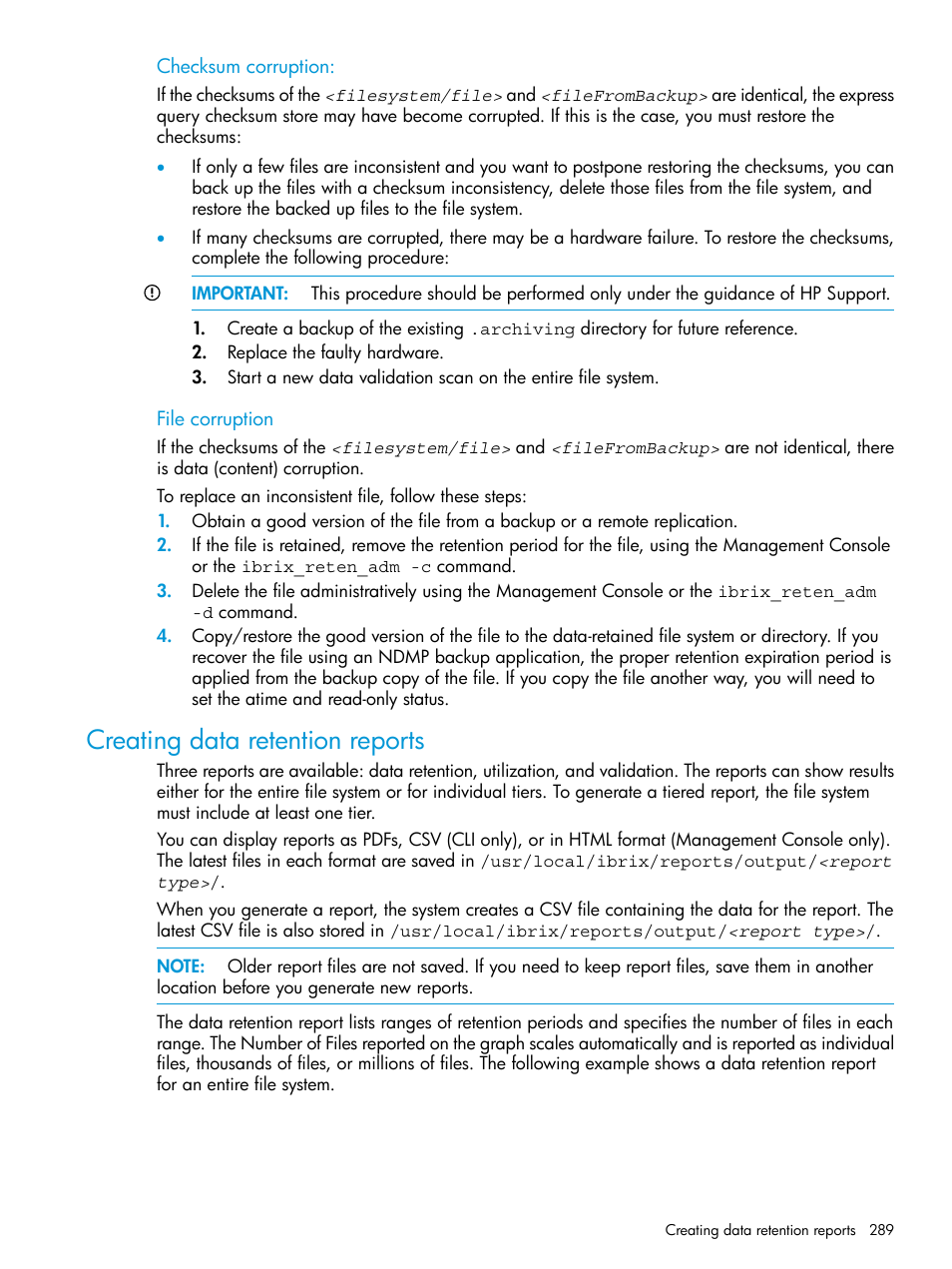 Creating data retention reports | HP StoreAll Storage User Manual | Page 289 / 406