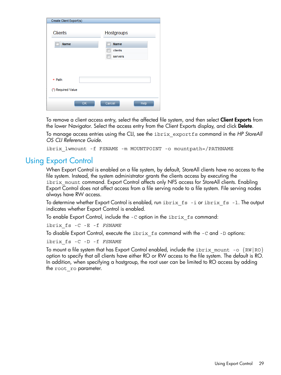 Using export control | HP StoreAll Storage User Manual | Page 29 / 406