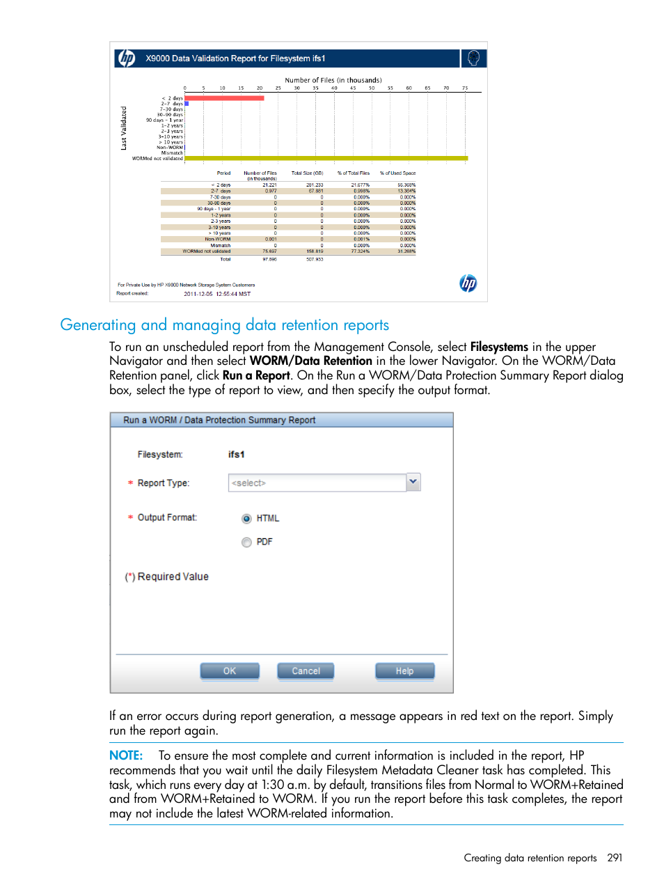 Generating and managing data retention reports | HP StoreAll Storage User Manual | Page 291 / 406