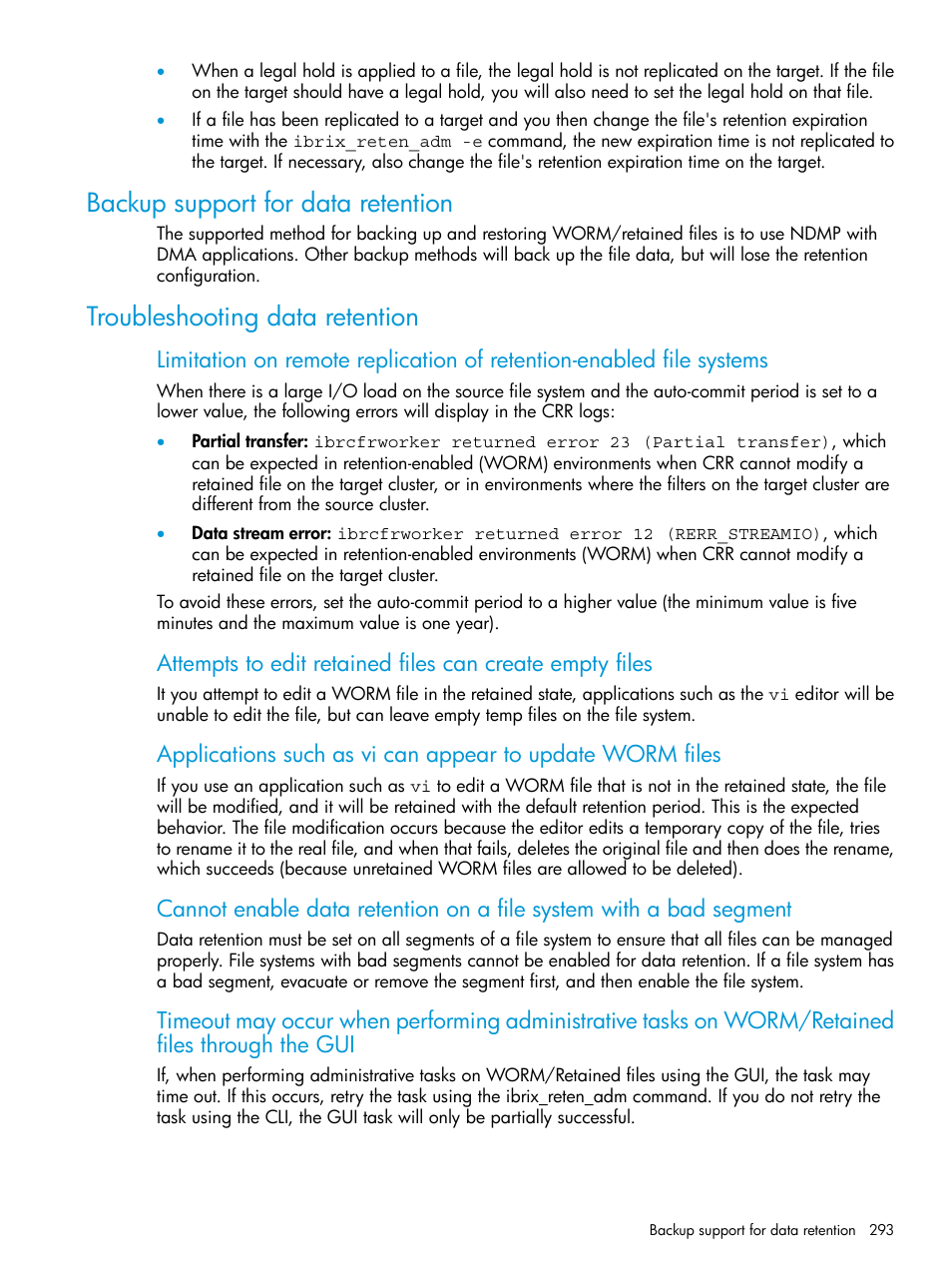 Backup support for data retention, Troubleshooting data retention | HP StoreAll Storage User Manual | Page 293 / 406