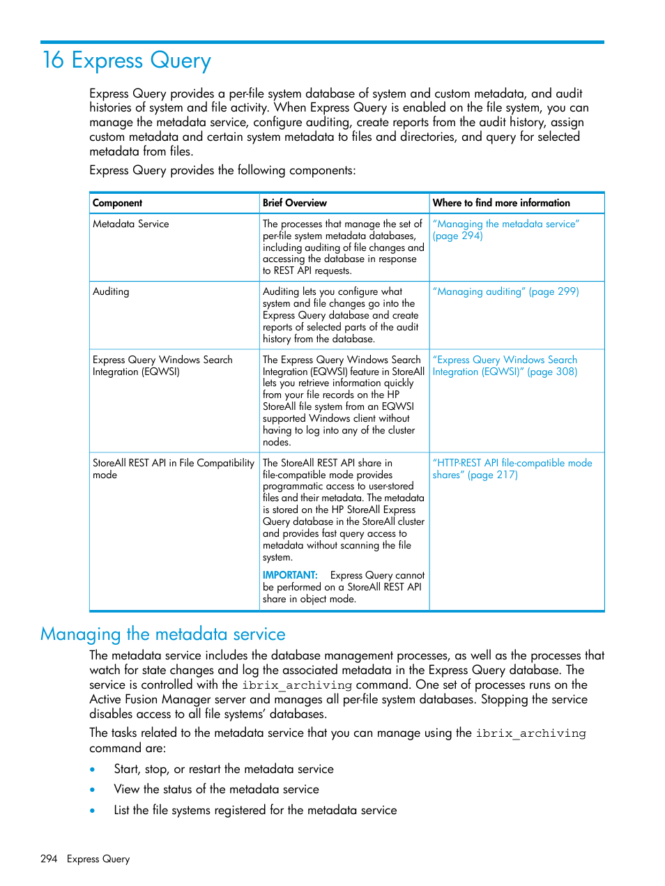 16 express query, Managing the metadata service, Express query | HP StoreAll Storage User Manual | Page 294 / 406