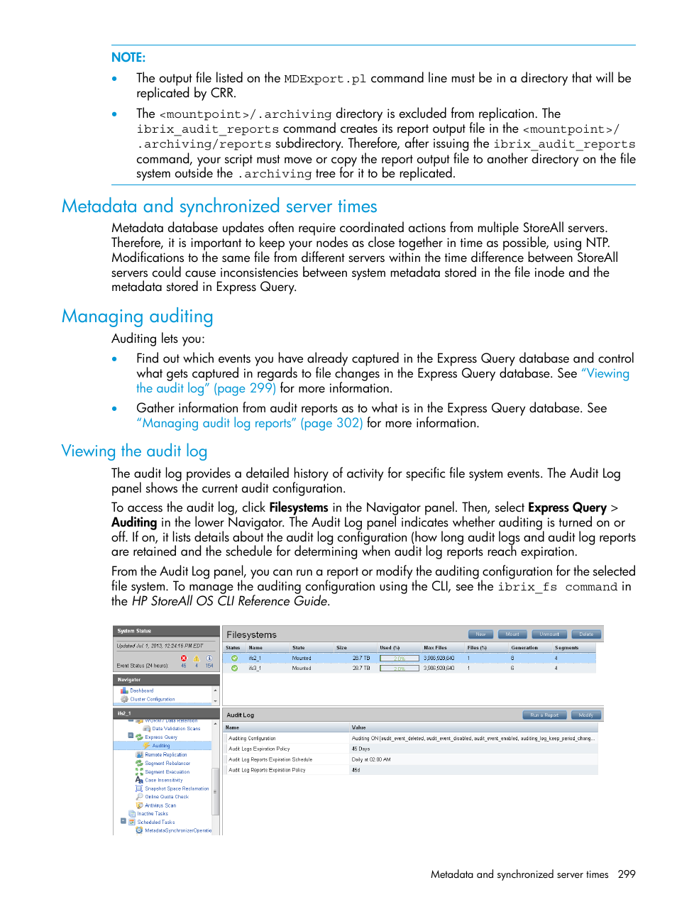 Metadata and synchronized server times, Managing auditing, Viewing the audit log | HP StoreAll Storage User Manual | Page 299 / 406