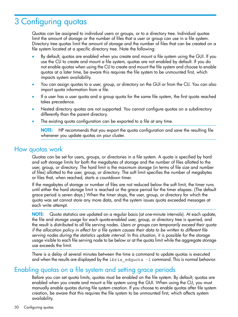 3 configuring quotas, How quotas work | HP StoreAll Storage User Manual | Page 30 / 406