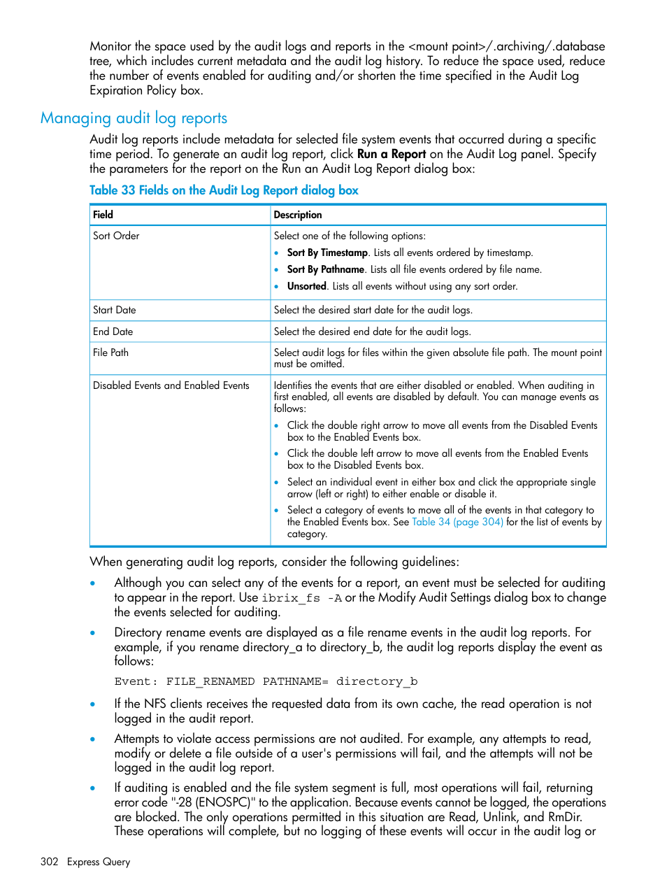 Managing audit log reports | HP StoreAll Storage User Manual | Page 302 / 406