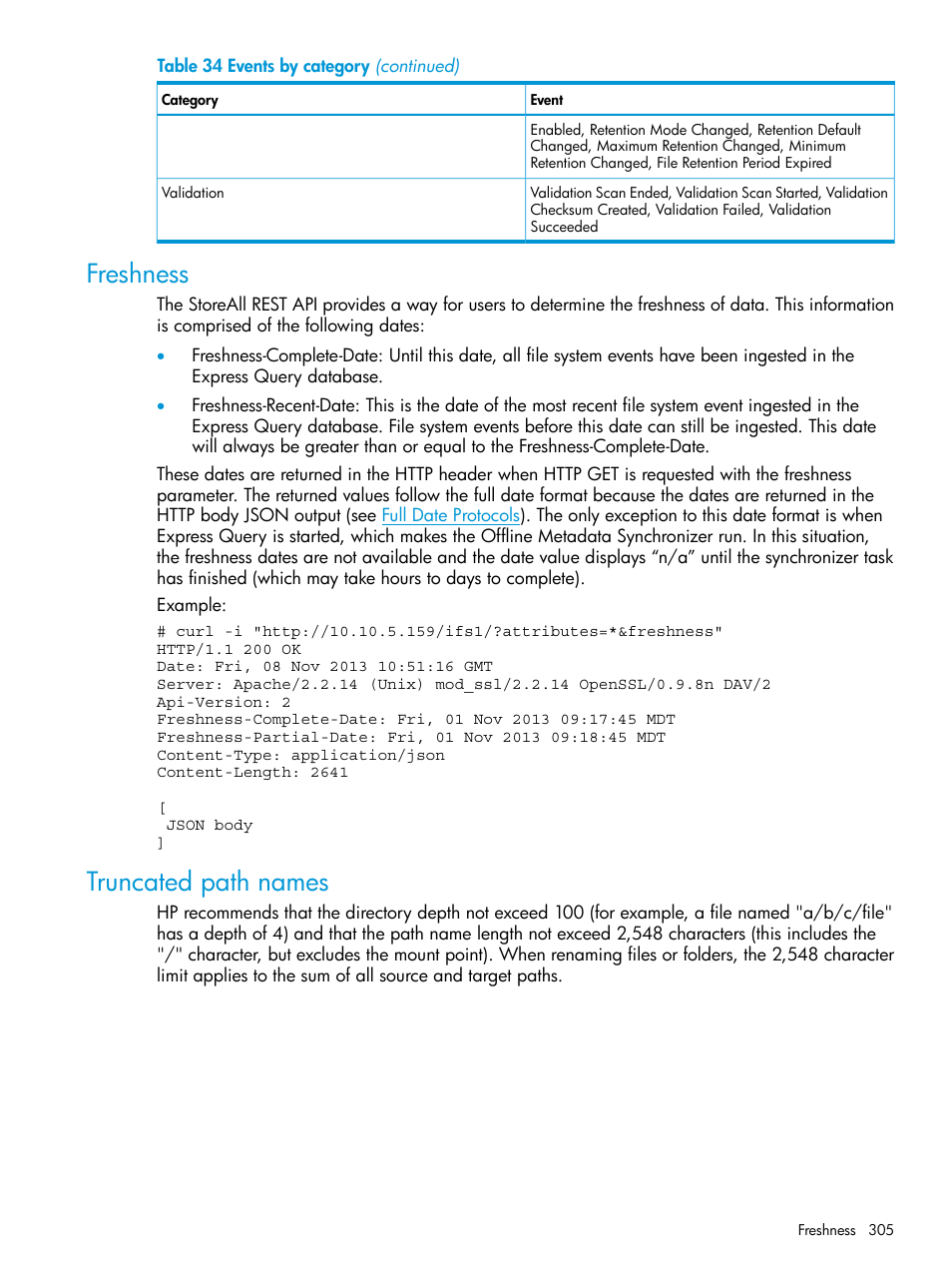 Freshness, Truncated path names, Freshness truncated path names | HP StoreAll Storage User Manual | Page 305 / 406