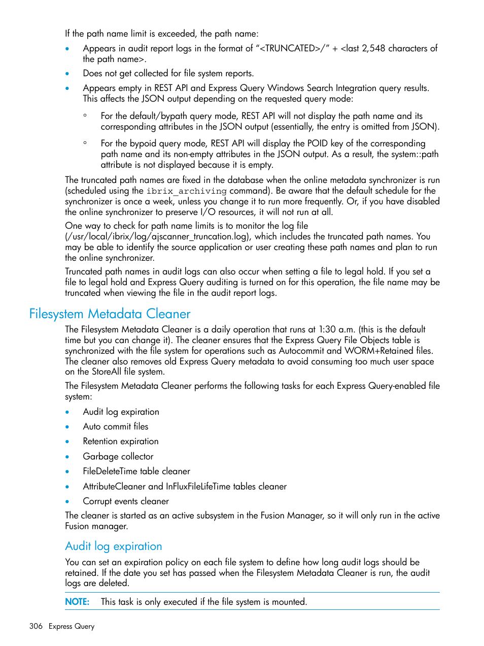 Filesystem metadata cleaner, Audit log expiration | HP StoreAll Storage User Manual | Page 306 / 406