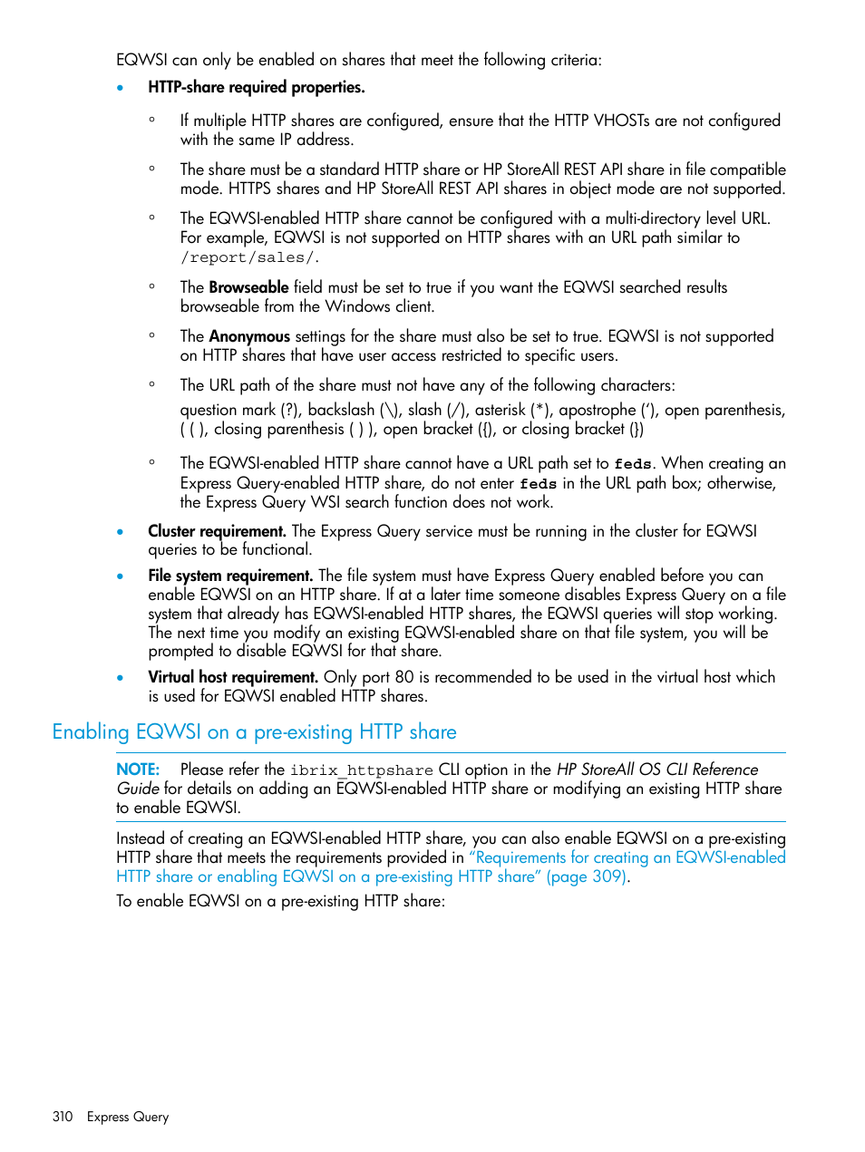 Enabling eqwsi on a pre-existing http share | HP StoreAll Storage User Manual | Page 310 / 406