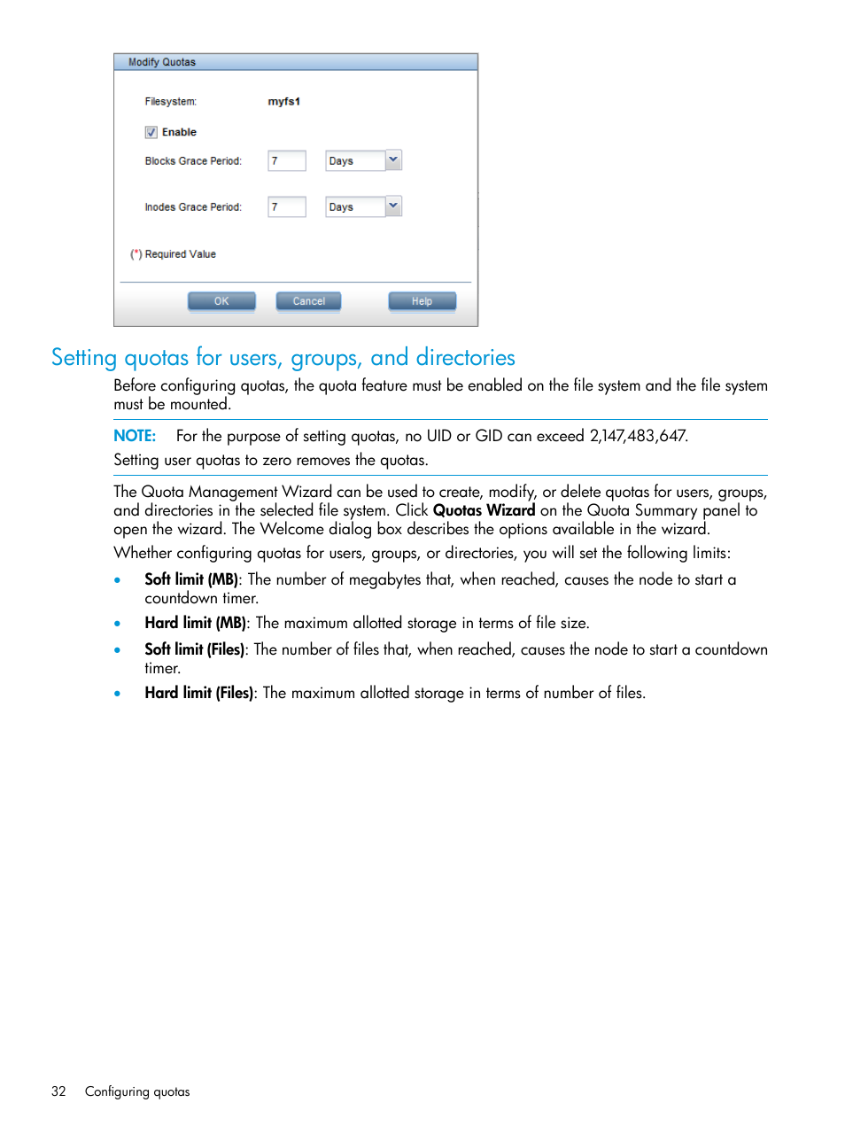 Setting quotas for users, groups, and directories | HP StoreAll Storage User Manual | Page 32 / 406