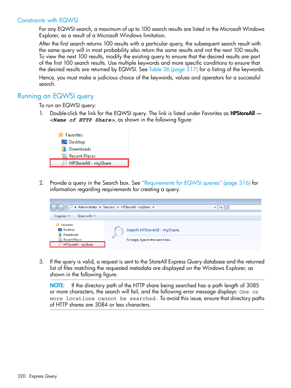 Constraints with eqwsi, Running an eqwsi query | HP StoreAll Storage User Manual | Page 320 / 406