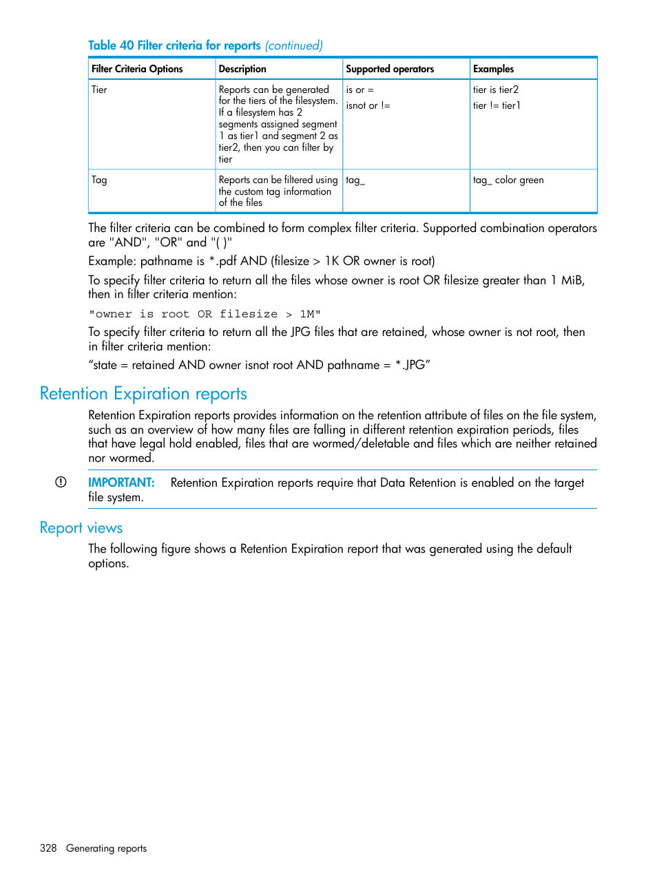 Retention expiration reports, Report views | HP StoreAll Storage User Manual | Page 328 / 406