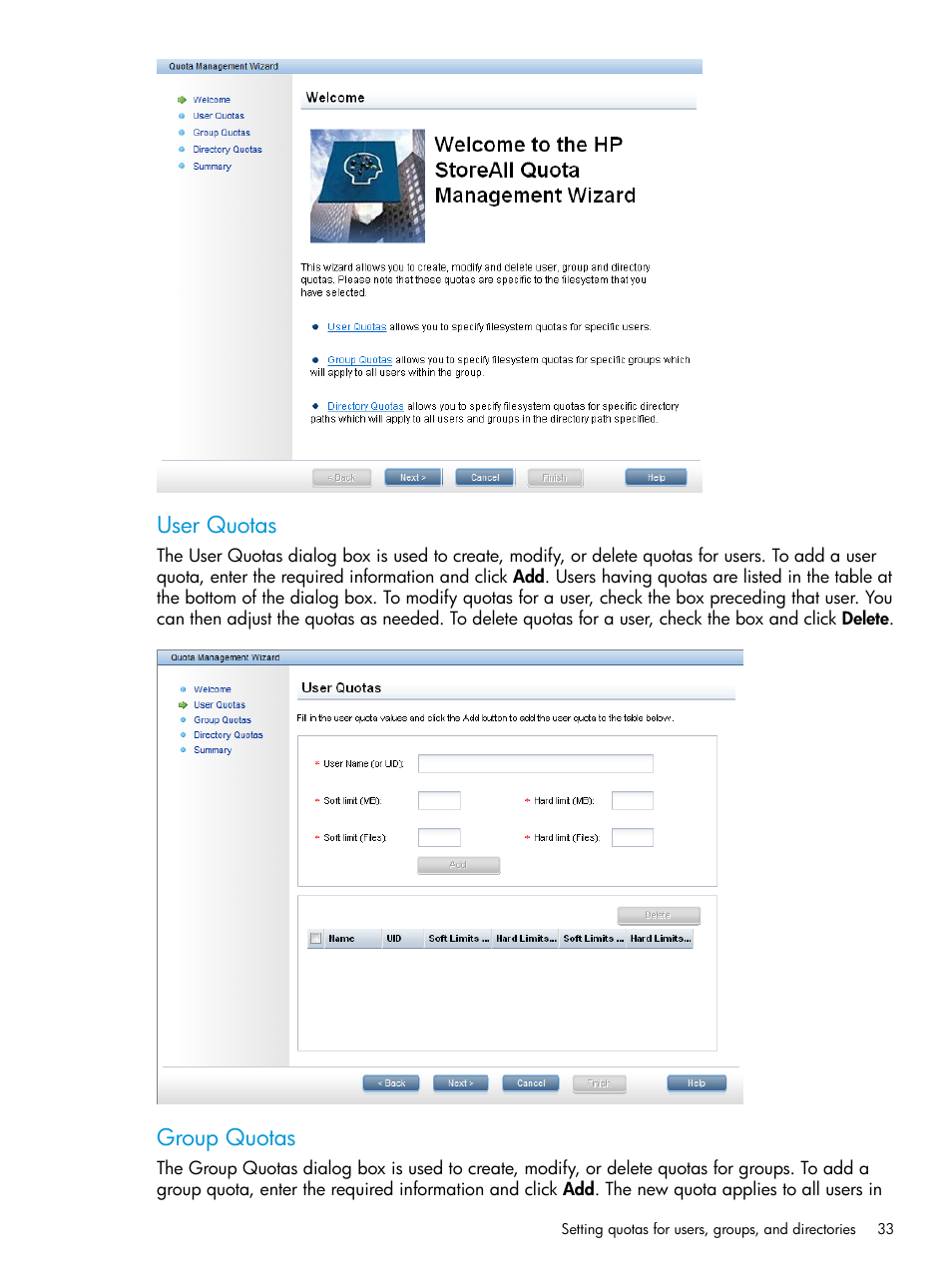 User quotas, Group quotas | HP StoreAll Storage User Manual | Page 33 / 406