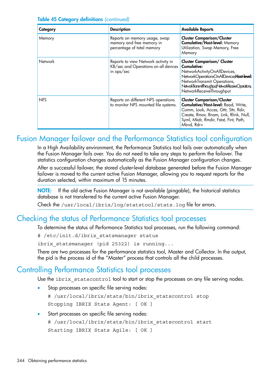 Controlling performance statistics tool processes | HP StoreAll Storage User Manual | Page 344 / 406