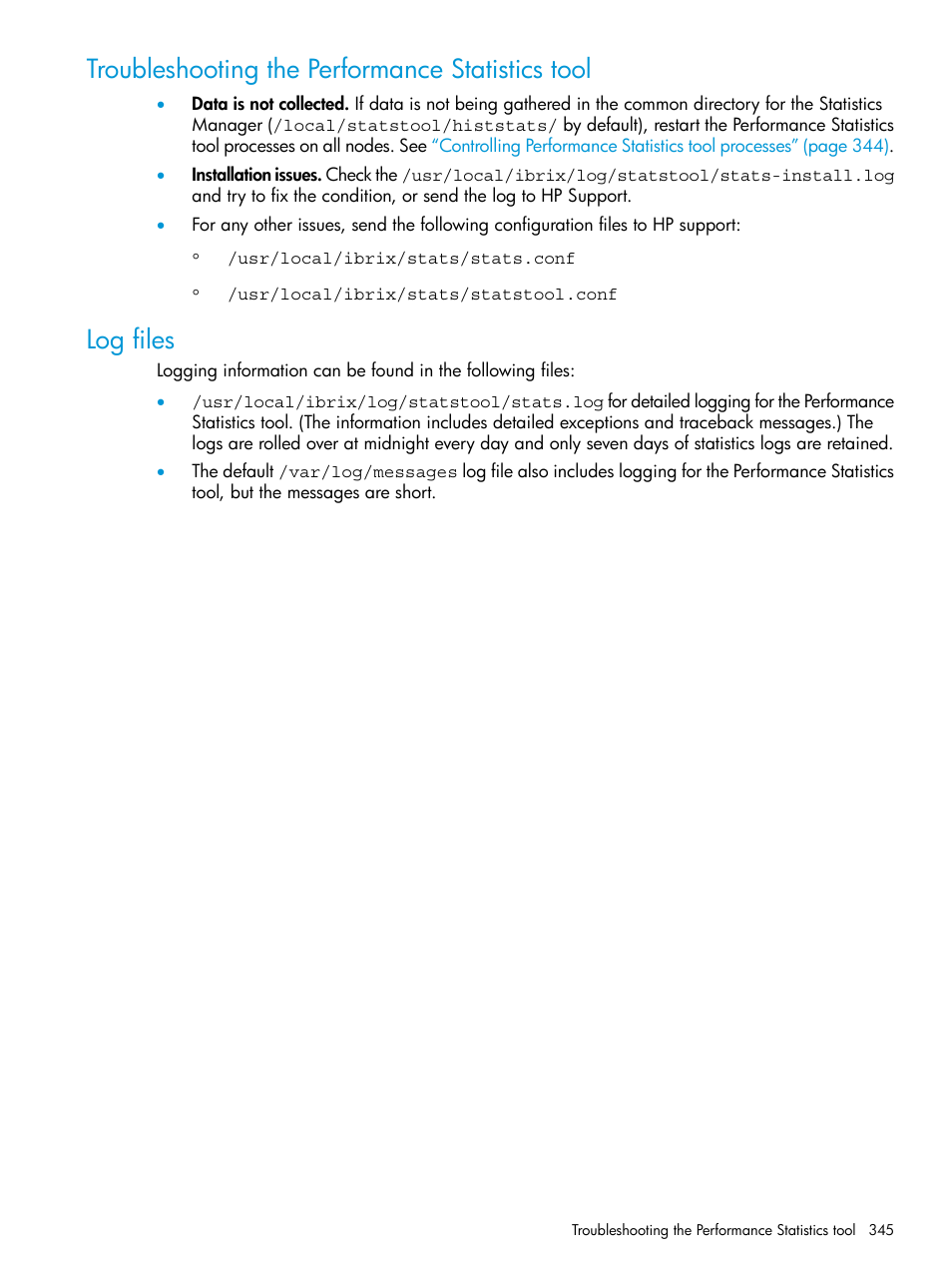 Troubleshooting the performance statistics tool, Log files | HP StoreAll Storage User Manual | Page 345 / 406