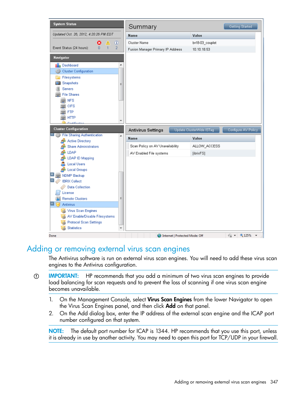 Adding or removing external virus scan engines | HP StoreAll Storage User Manual | Page 347 / 406