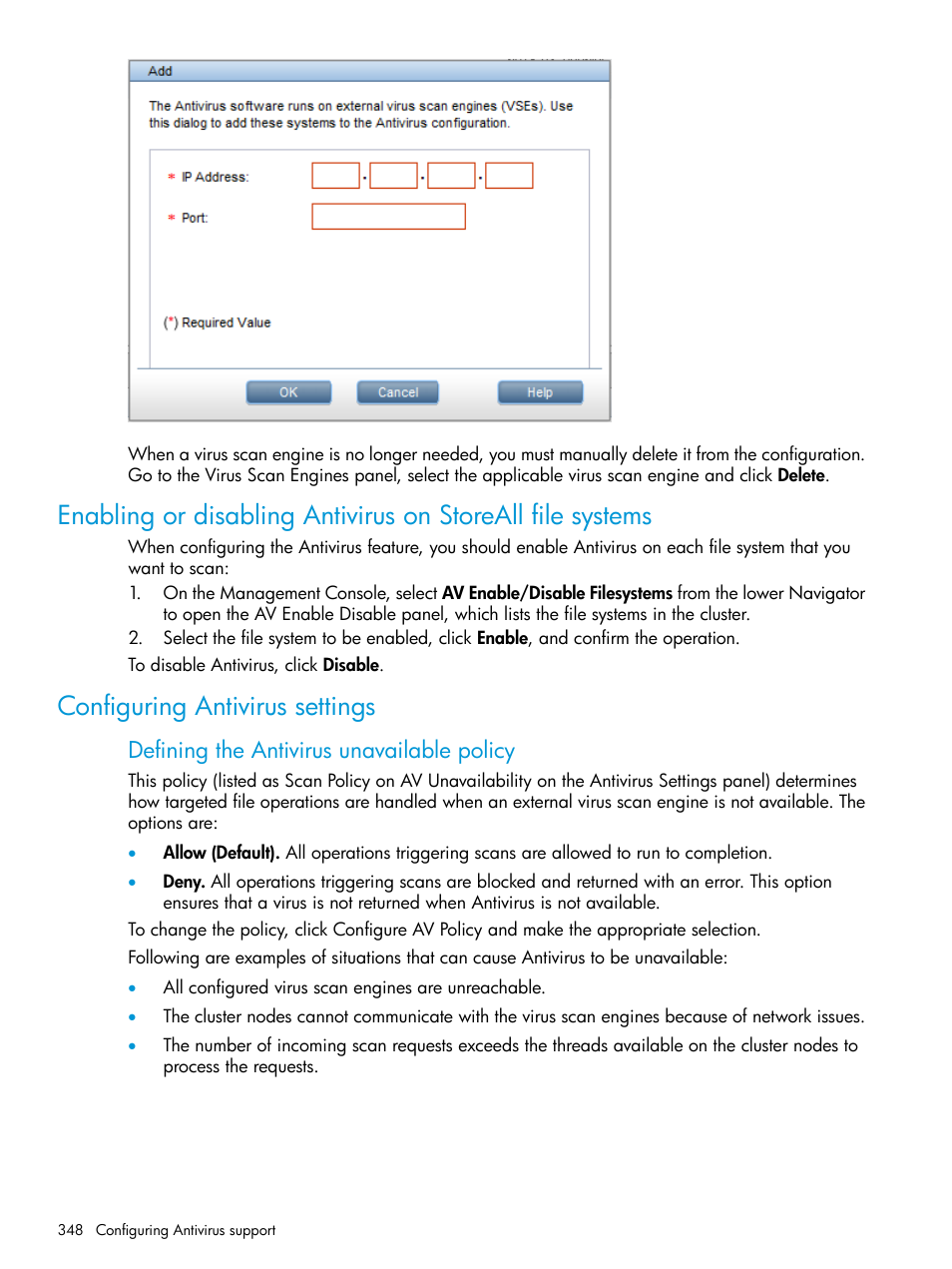 Configuring antivirus settings, Defining the antivirus unavailable policy | HP StoreAll Storage User Manual | Page 348 / 406