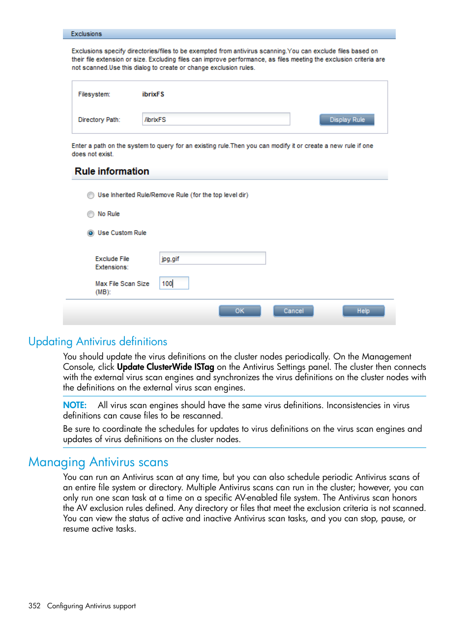 Updating antivirus definitions, Managing antivirus scans | HP StoreAll Storage User Manual | Page 352 / 406