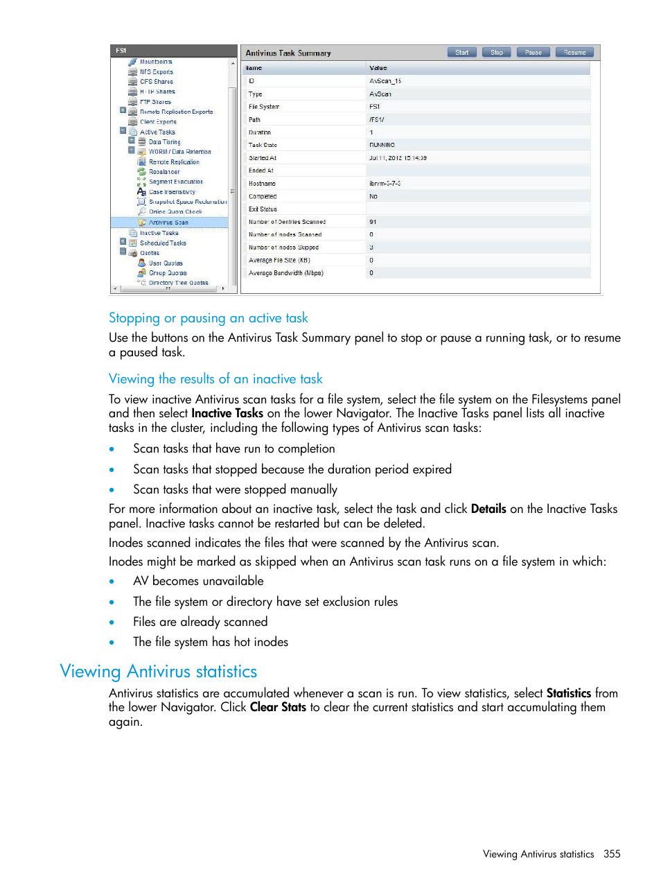 Viewing antivirus statistics | HP StoreAll Storage User Manual | Page 355 / 406