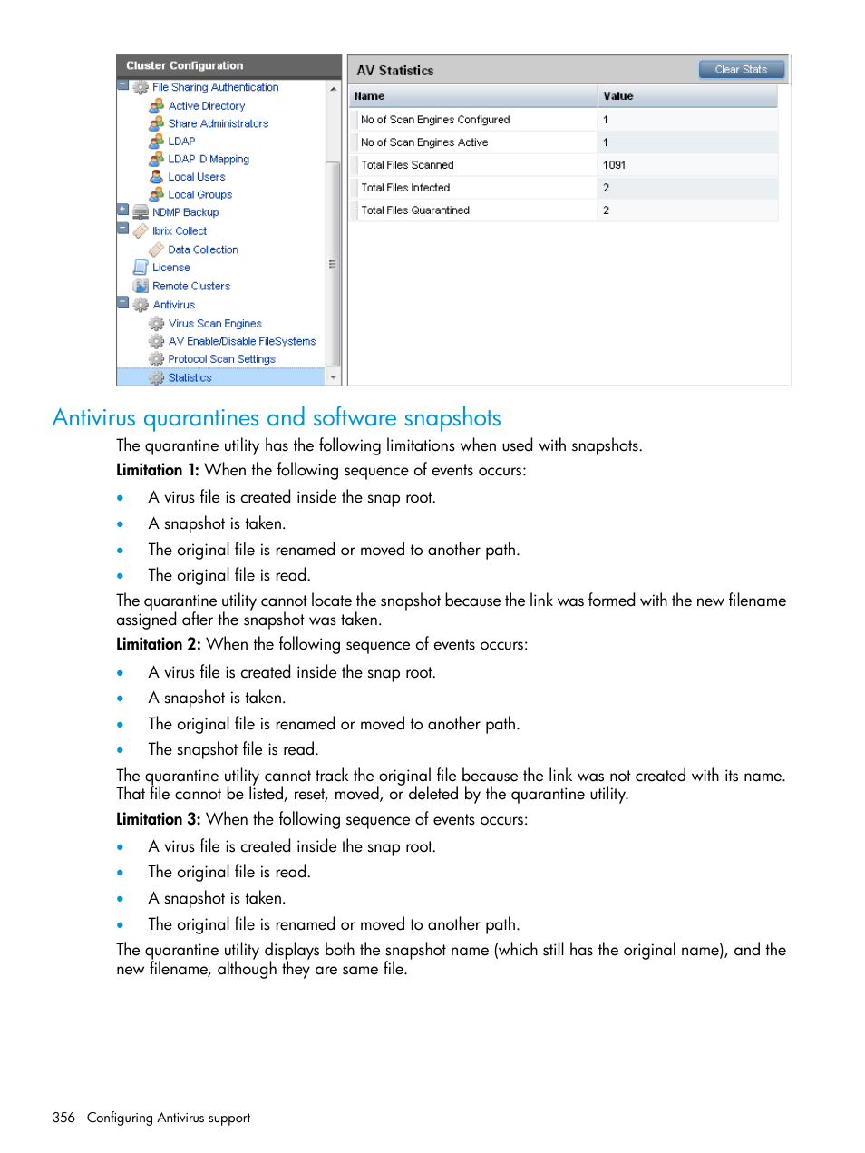 Antivirus quarantines and software snapshots | HP StoreAll Storage User Manual | Page 356 / 406