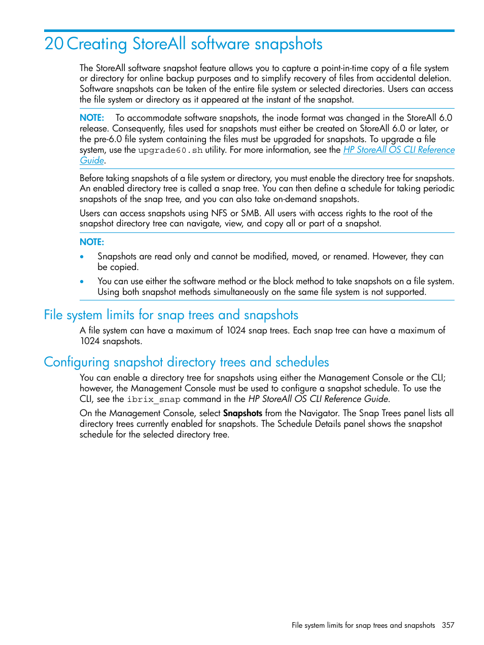 20 creating storeall software snapshots, File system limits for snap trees and snapshots, Configuring snapshot directory trees and schedules | HP StoreAll Storage User Manual | Page 357 / 406