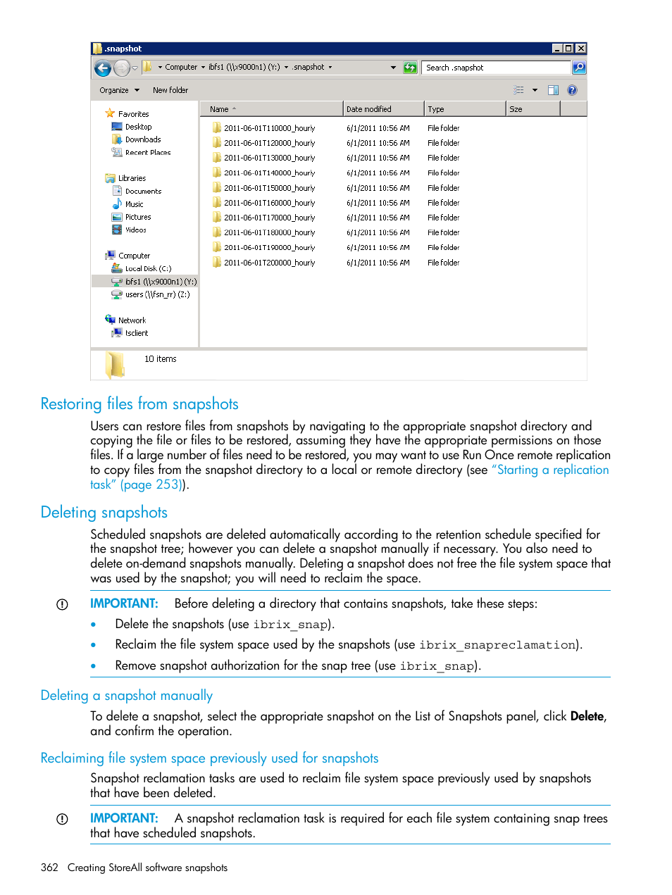Restoring files from snapshots, Deleting snapshots, Deleting a snapshot manually | Restoring files from snapshots deleting snapshots | HP StoreAll Storage User Manual | Page 362 / 406