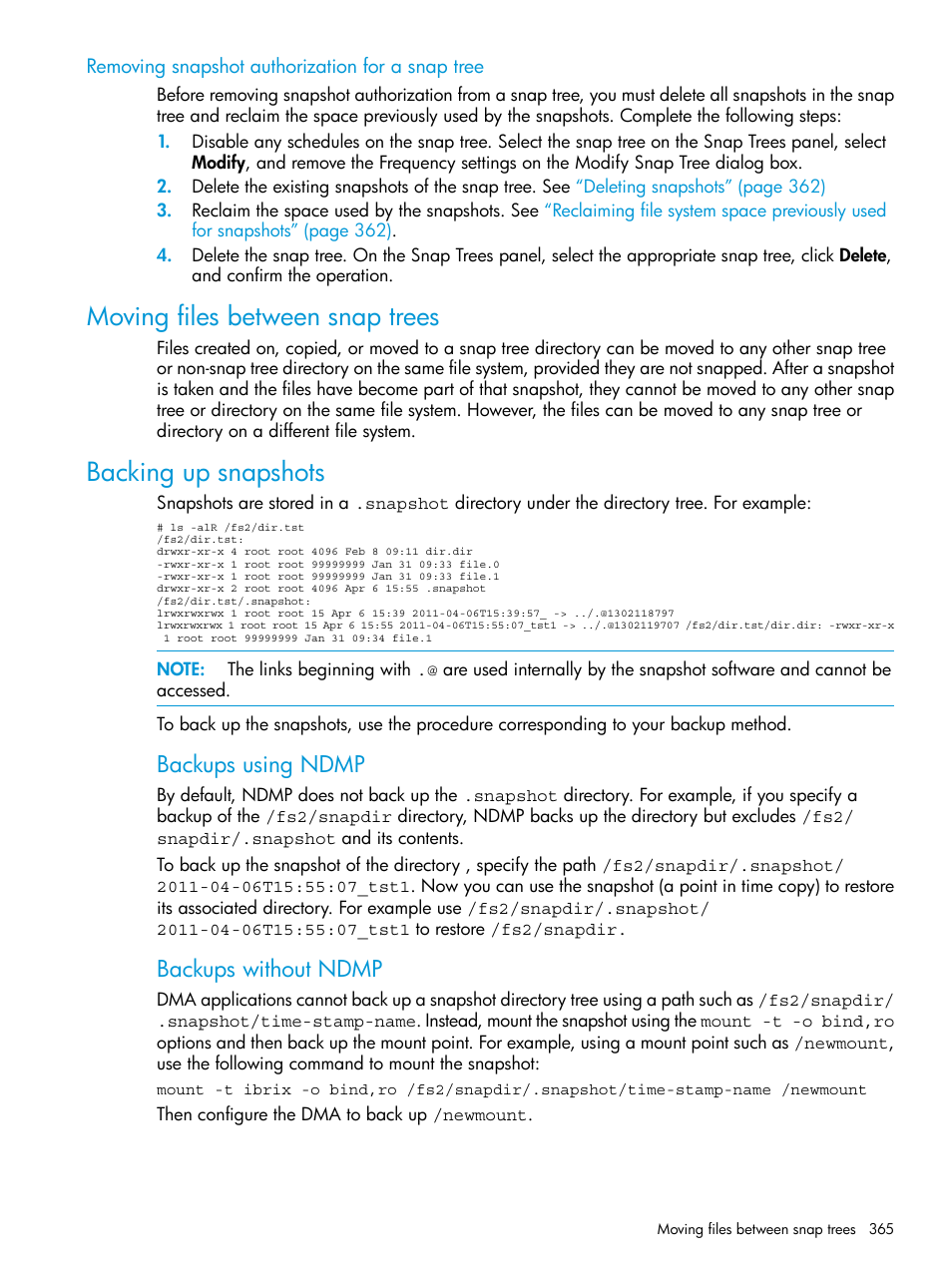 Removing snapshot authorization for a snap tree, Moving files between snap trees, Backing up snapshots | Backups using ndmp, Backups without ndmp | HP StoreAll Storage User Manual | Page 365 / 406