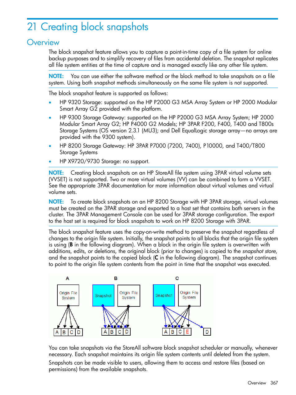 21 creating block snapshots, Overview | HP StoreAll Storage User Manual | Page 367 / 406
