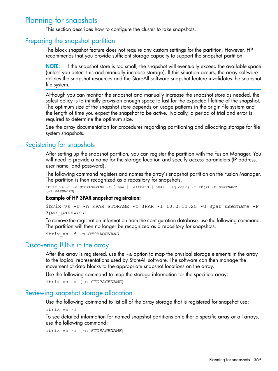 Planning for snapshots, Preparing the snapshot partition, Registering for snapshots | Discovering luns in the array, Reviewing snapshot storage allocation | HP StoreAll Storage User Manual | Page 369 / 406