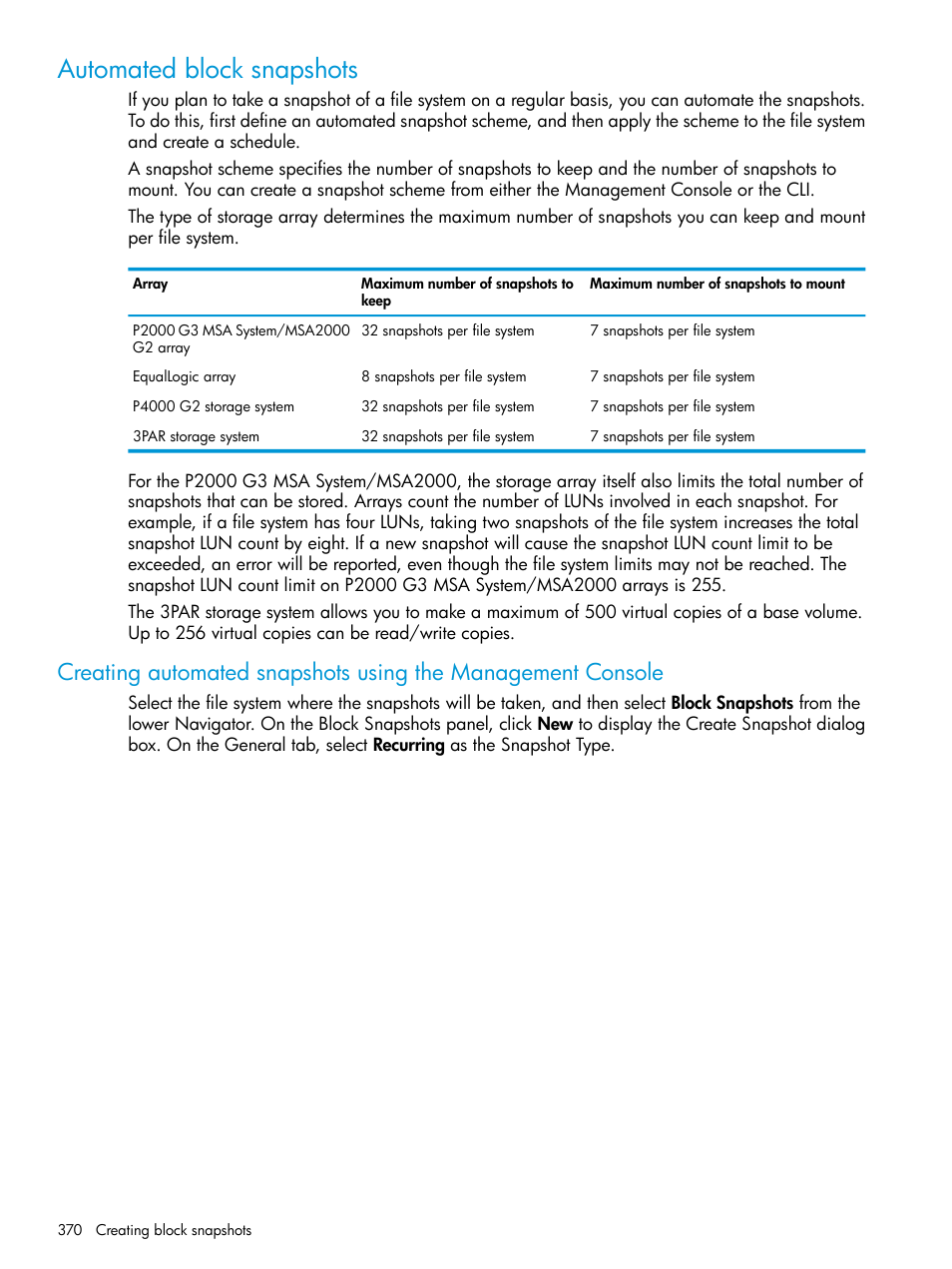 Automated block snapshots | HP StoreAll Storage User Manual | Page 370 / 406