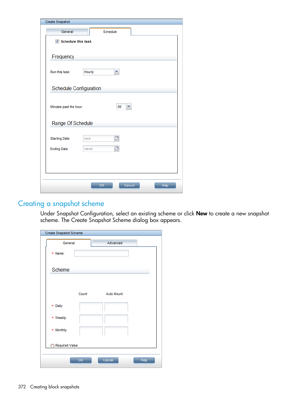 Creating a snapshot scheme | HP StoreAll Storage User Manual | Page 372 / 406