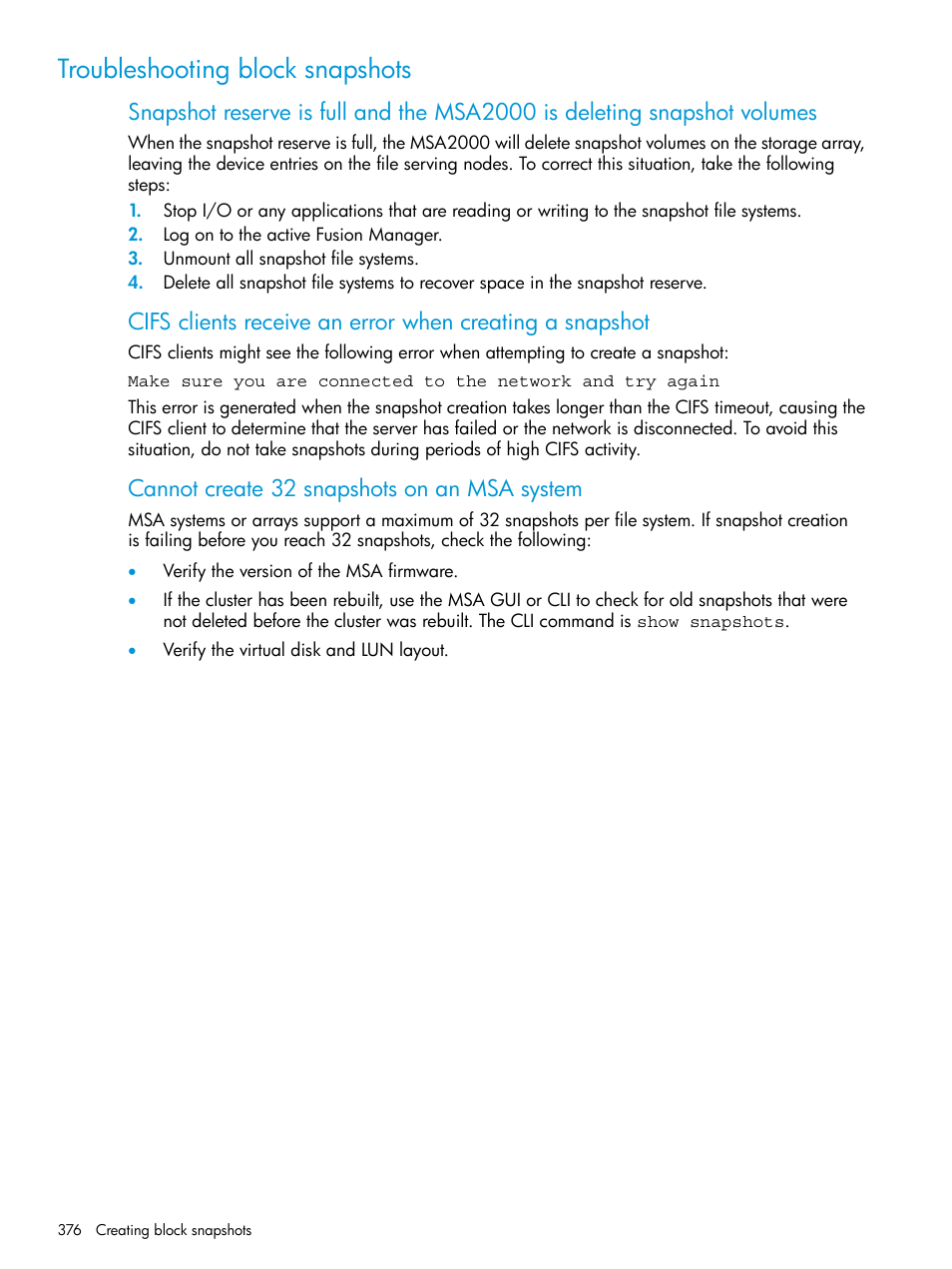 Troubleshooting block snapshots, Cannot create 32 snapshots on an msa system | HP StoreAll Storage User Manual | Page 376 / 406