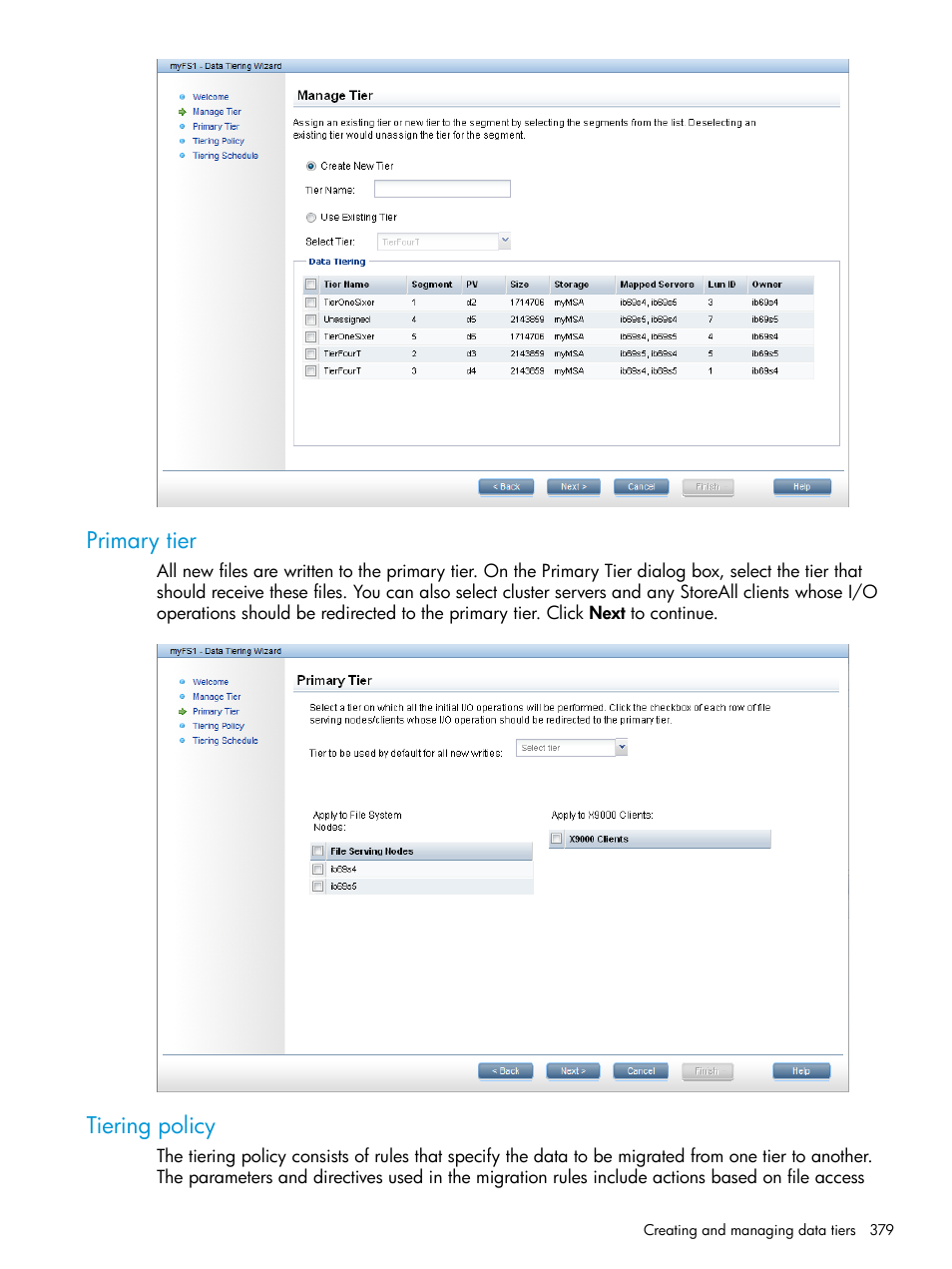 Primary tier, Tiering policy, Primary tier tiering policy | HP StoreAll Storage User Manual | Page 379 / 406