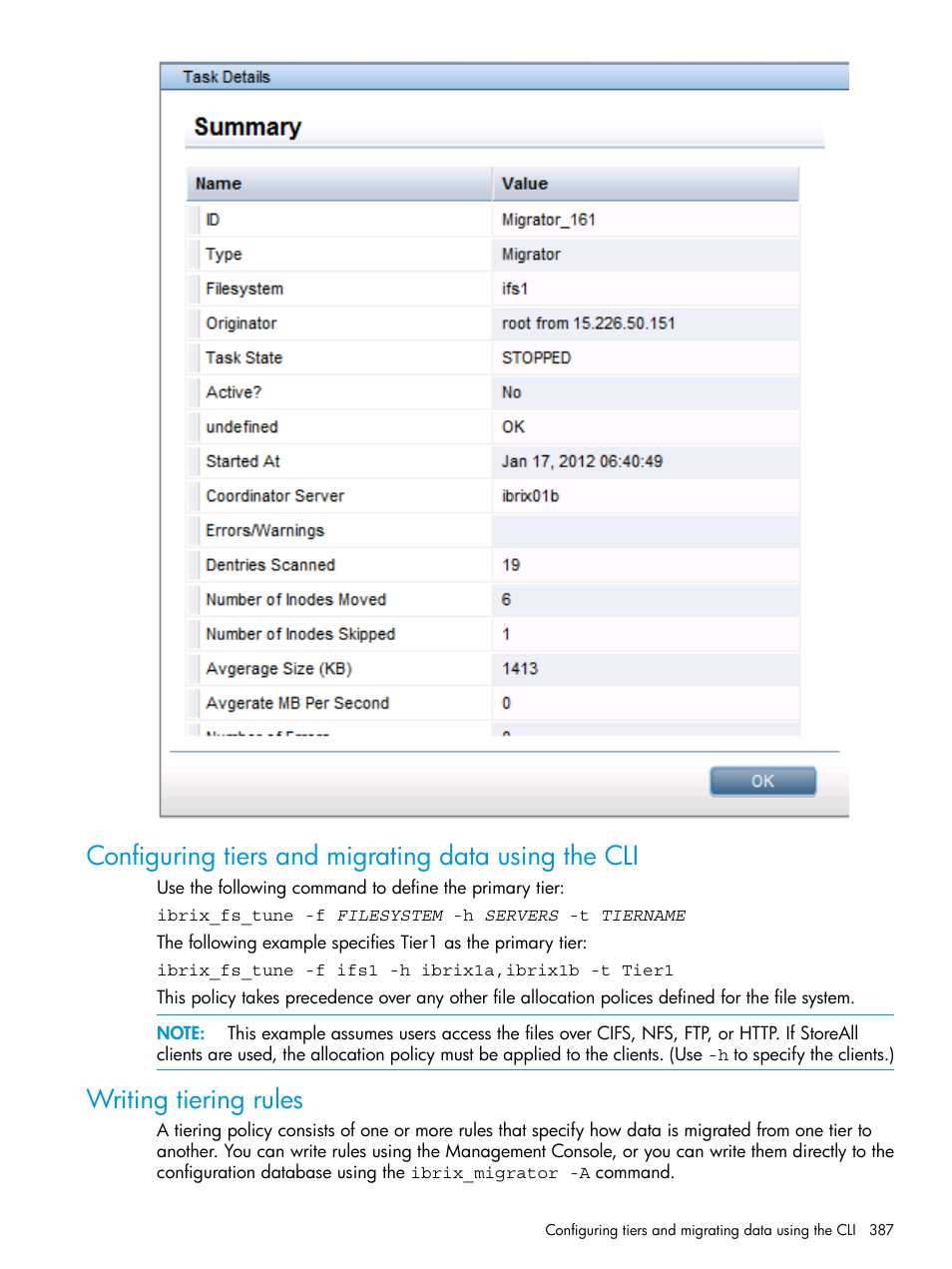 Configuring tiers and migrating data using the cli, Writing tiering rules | HP StoreAll Storage User Manual | Page 387 / 406