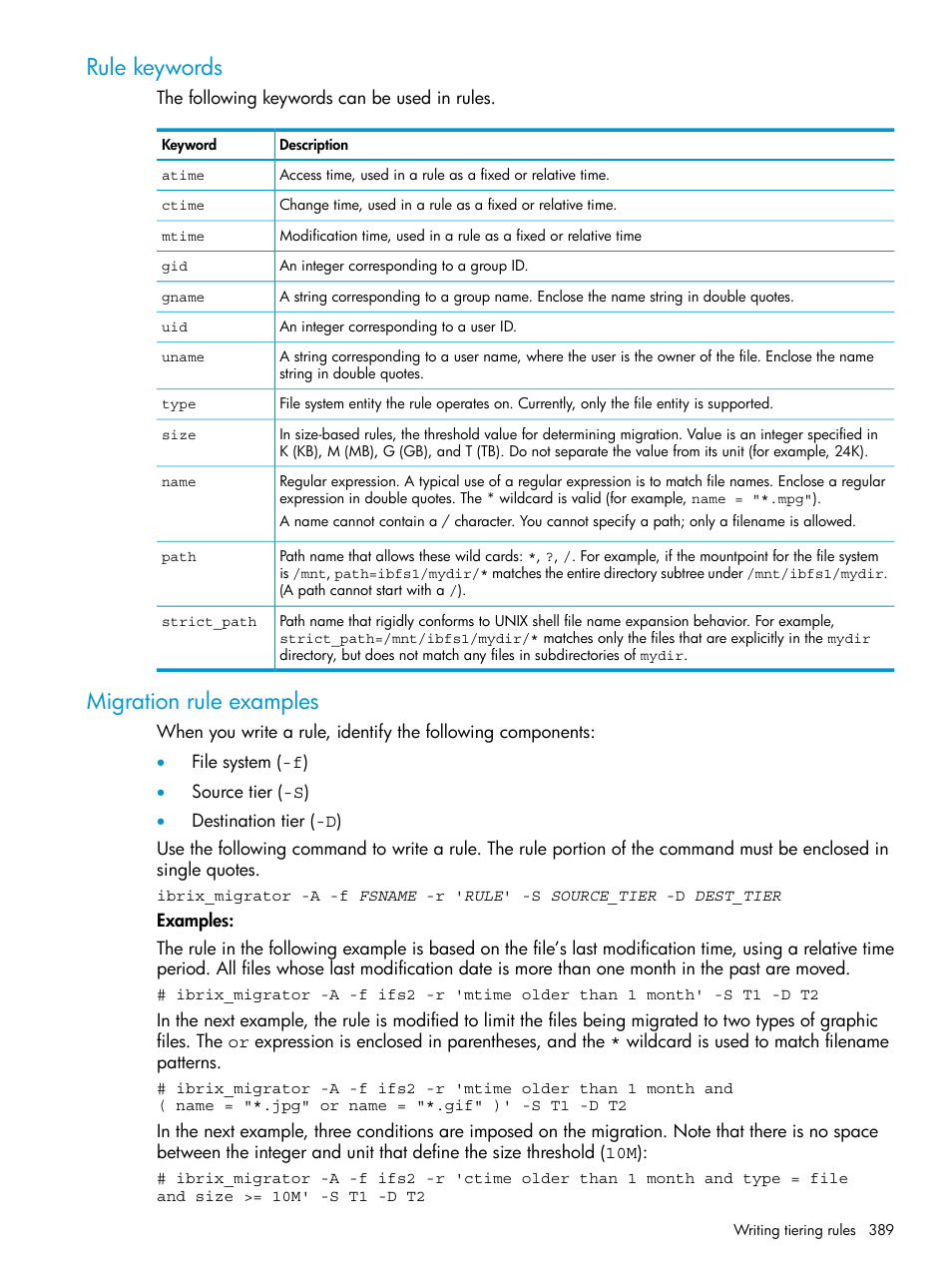 Rule keywords, Migration rule examples, Rule keywords migration rule examples | HP StoreAll Storage User Manual | Page 389 / 406
