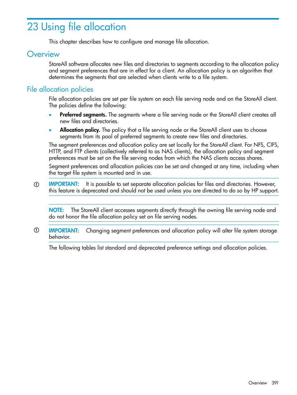 23 using file allocation, Overview, File allocation policies | HP StoreAll Storage User Manual | Page 391 / 406