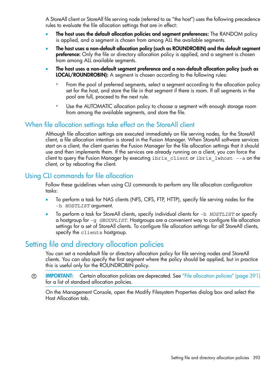 Using cli commands for file allocation, Setting file and directory allocation policies | HP StoreAll Storage User Manual | Page 393 / 406