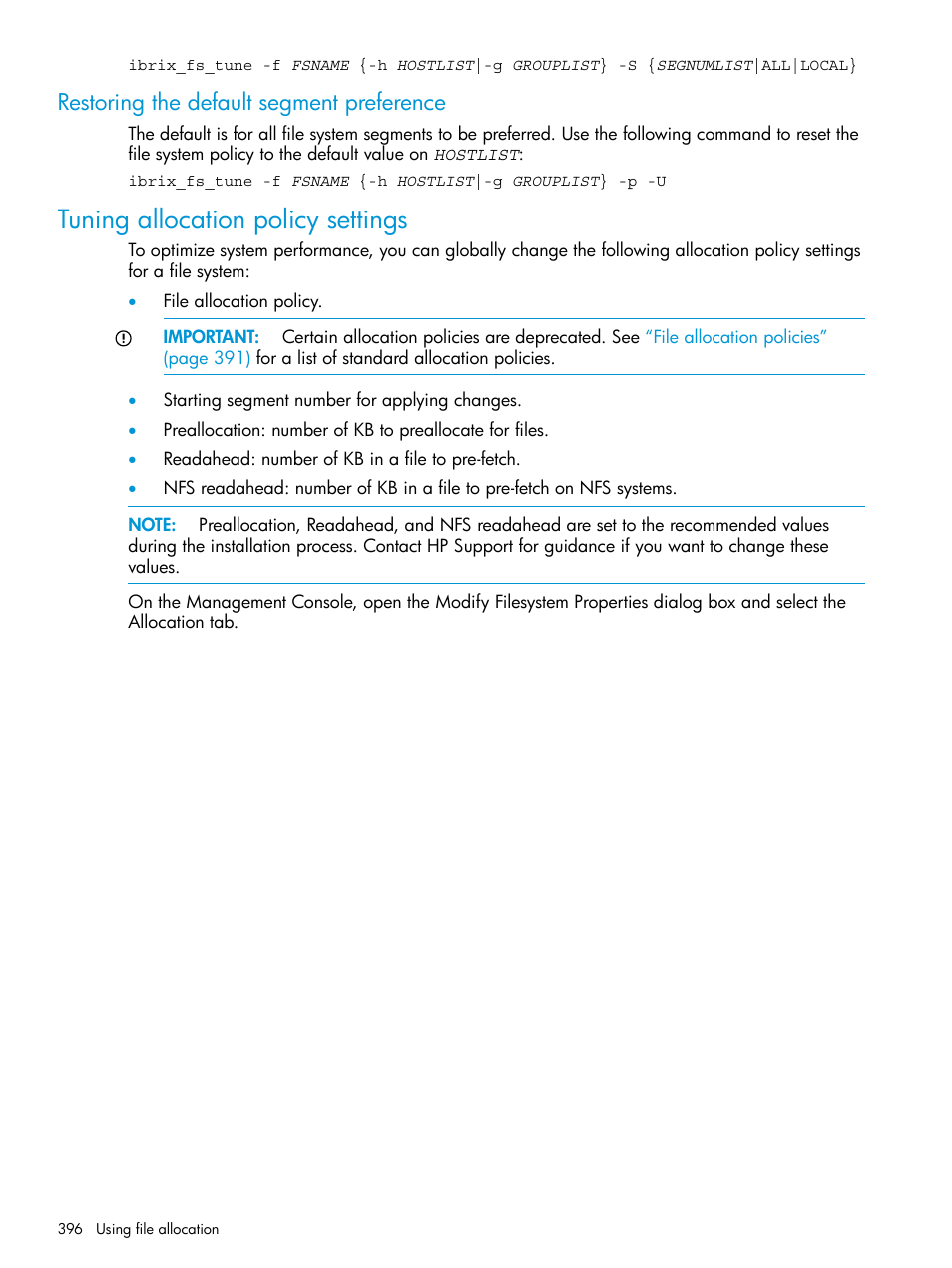 Restoring the default segment preference, Tuning allocation policy settings | HP StoreAll Storage User Manual | Page 396 / 406