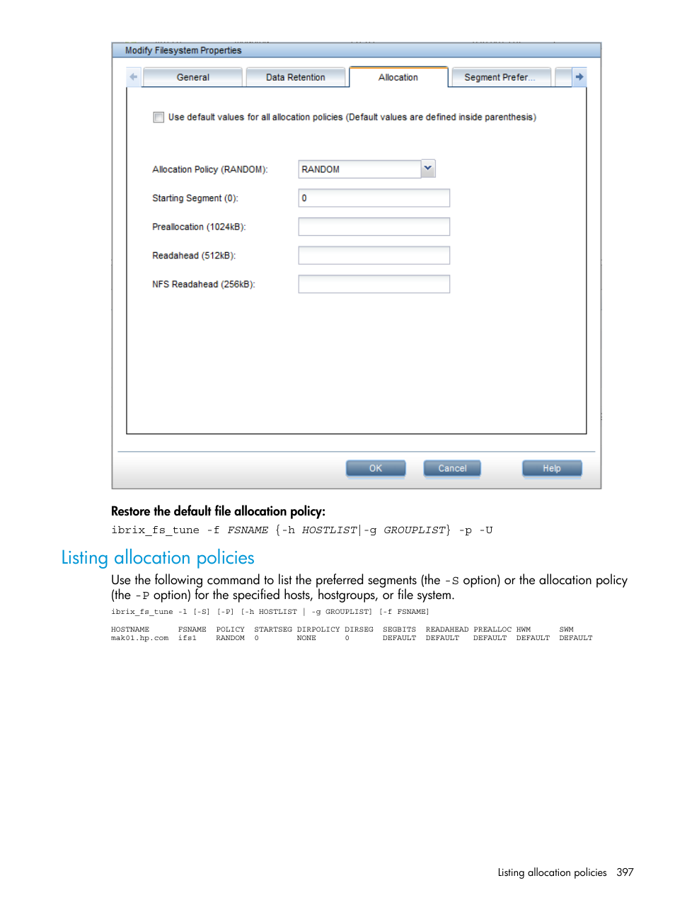 Listing allocation policies | HP StoreAll Storage User Manual | Page 397 / 406