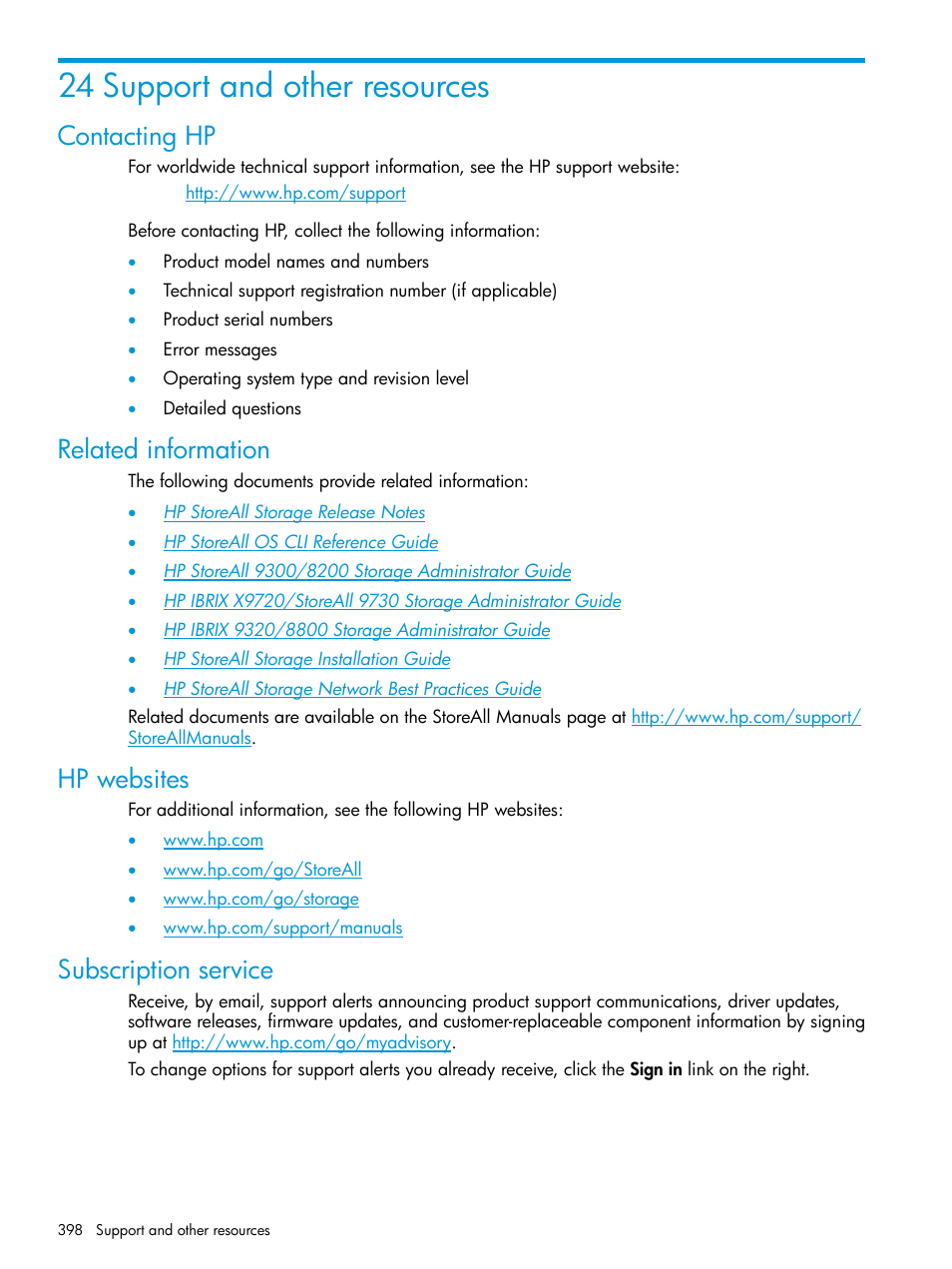 24 support and other resources, Contacting hp, Related information | Hp websites, Subscription service | HP StoreAll Storage User Manual | Page 398 / 406