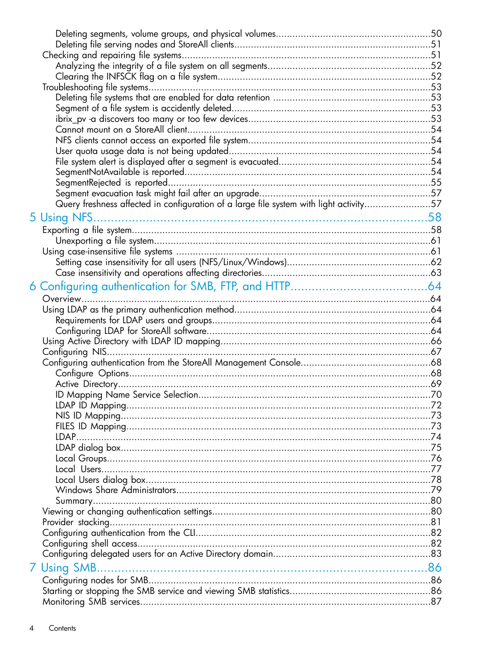 5 using nfs, 7 using smb | HP StoreAll Storage User Manual | Page 4 / 406