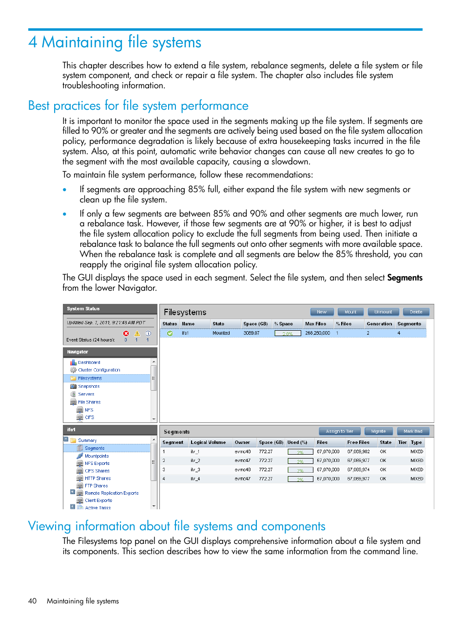 4 maintaining file systems, Best practices for file system performance | HP StoreAll Storage User Manual | Page 40 / 406