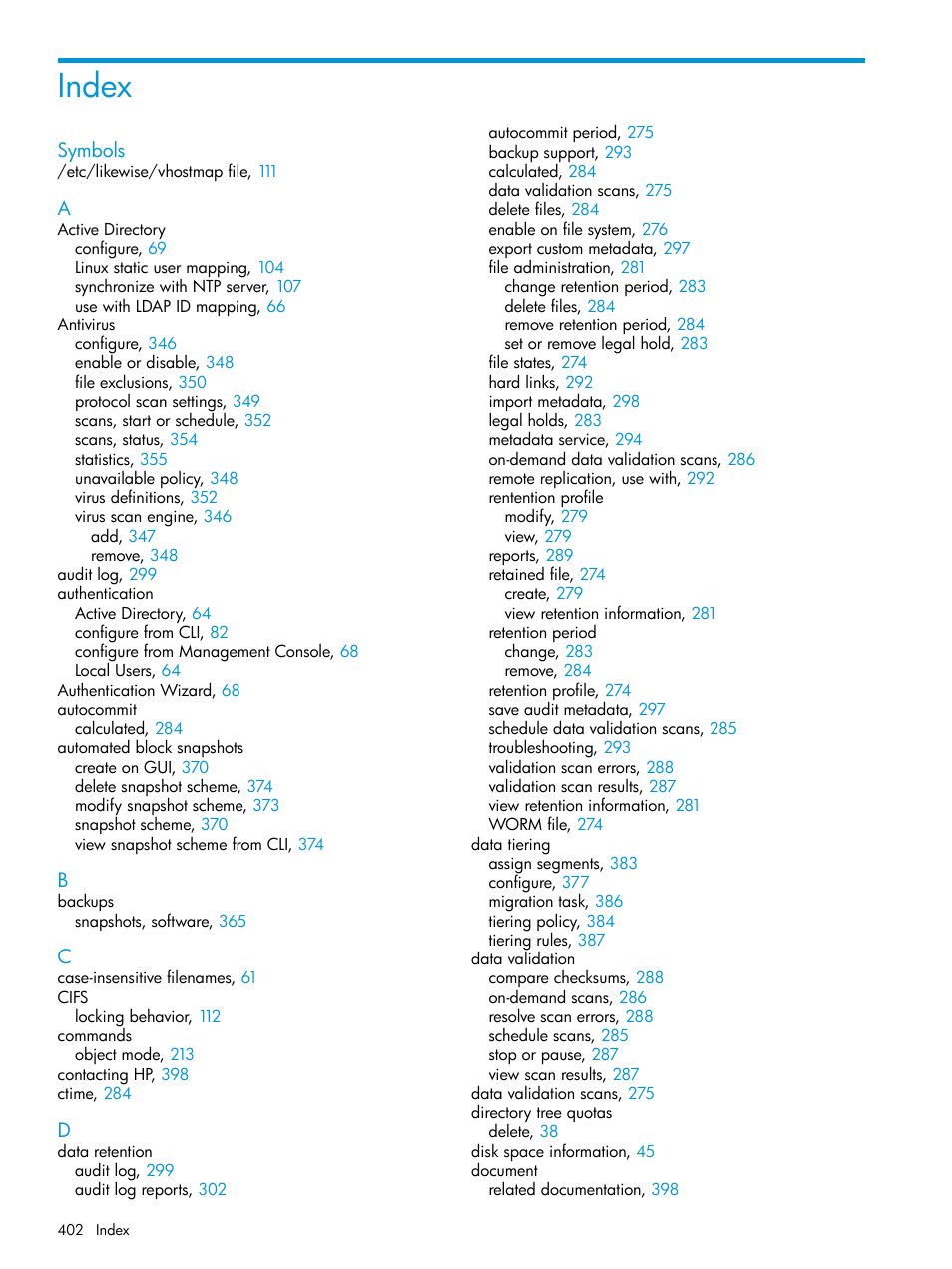 Index | HP StoreAll Storage User Manual | Page 402 / 406