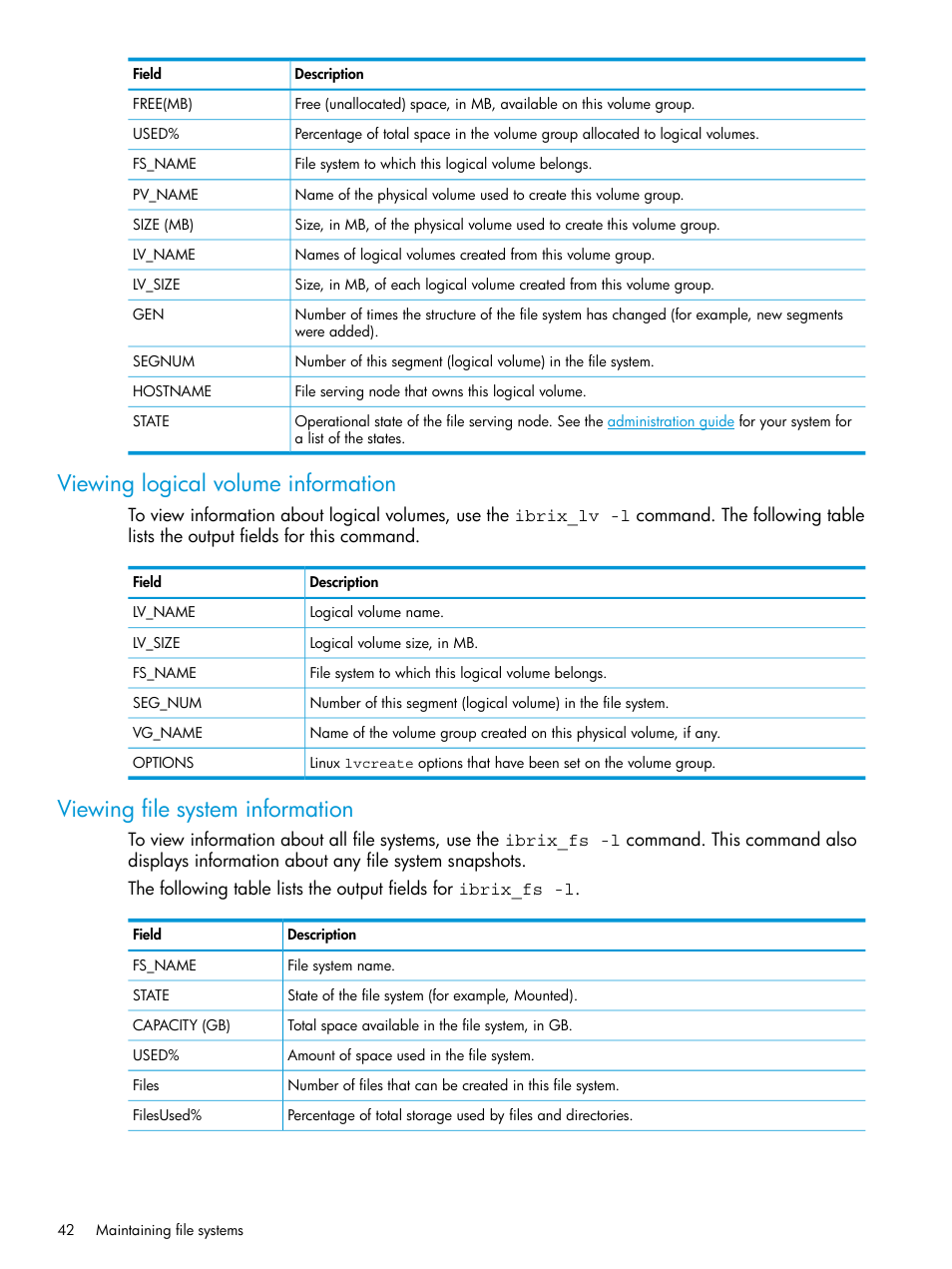 Viewing logical volume information, Viewing file system information | HP StoreAll Storage User Manual | Page 42 / 406