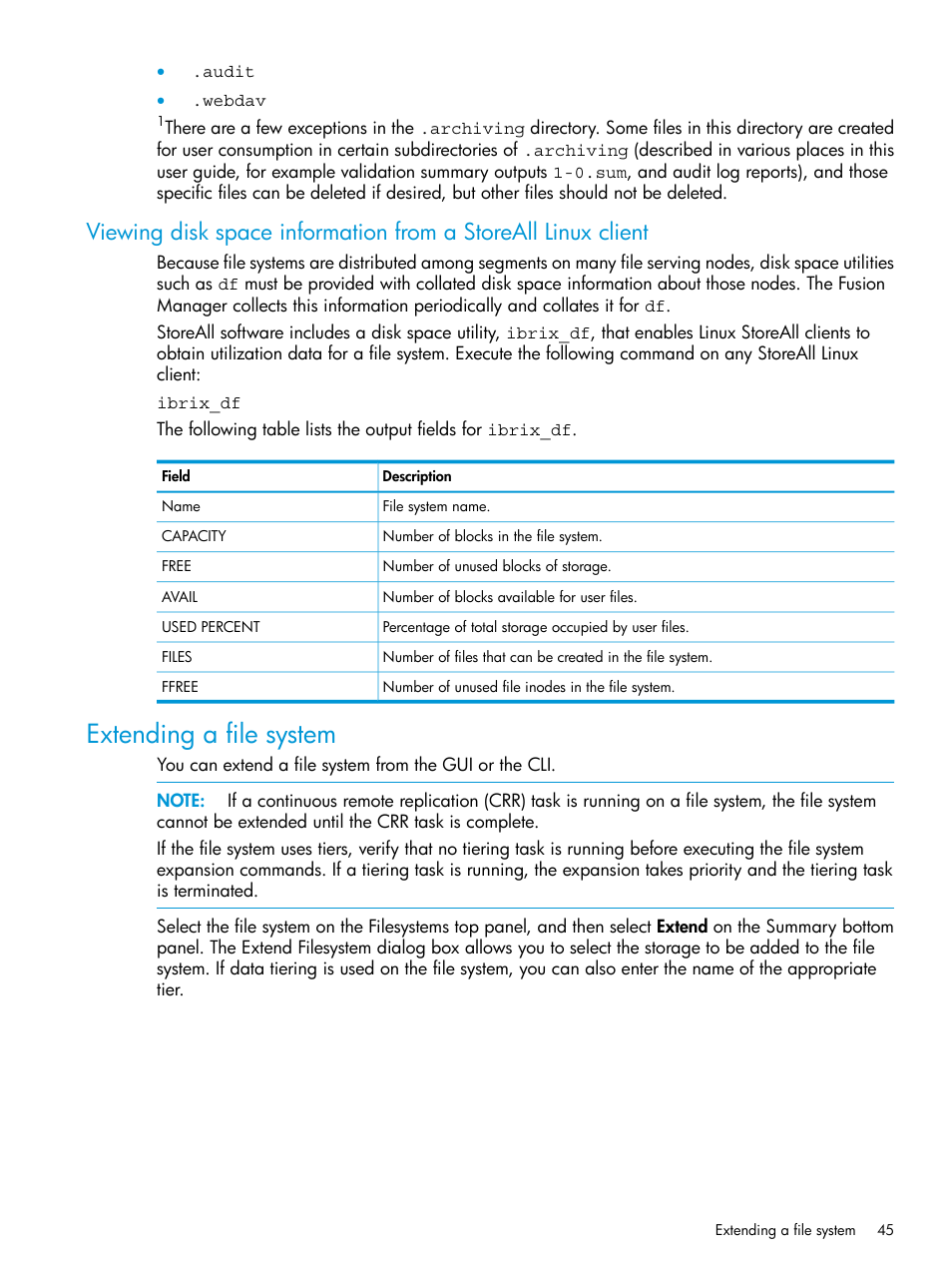 Extending a file system | HP StoreAll Storage User Manual | Page 45 / 406