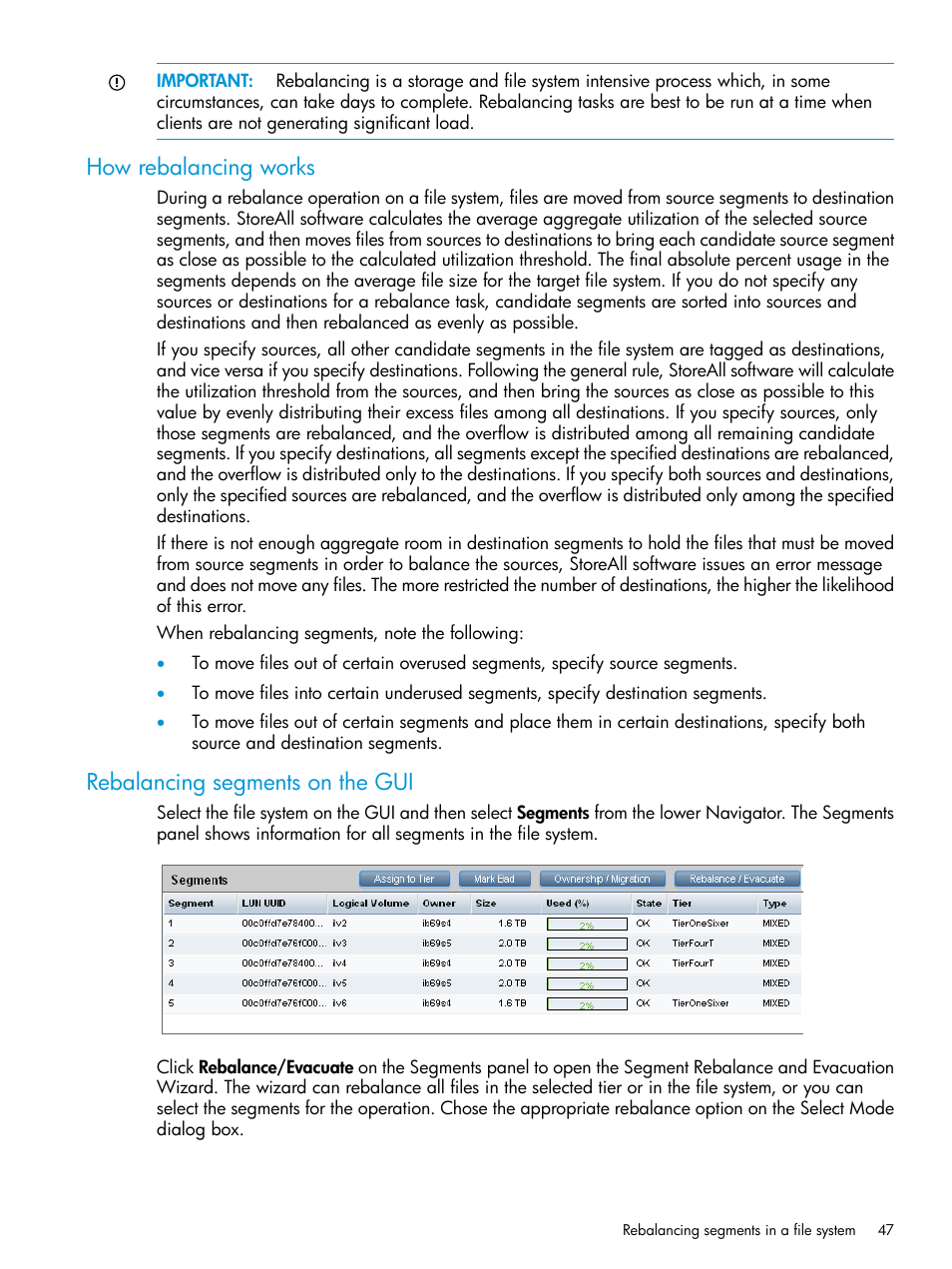 How rebalancing works, Rebalancing segments on the gui | HP StoreAll Storage User Manual | Page 47 / 406