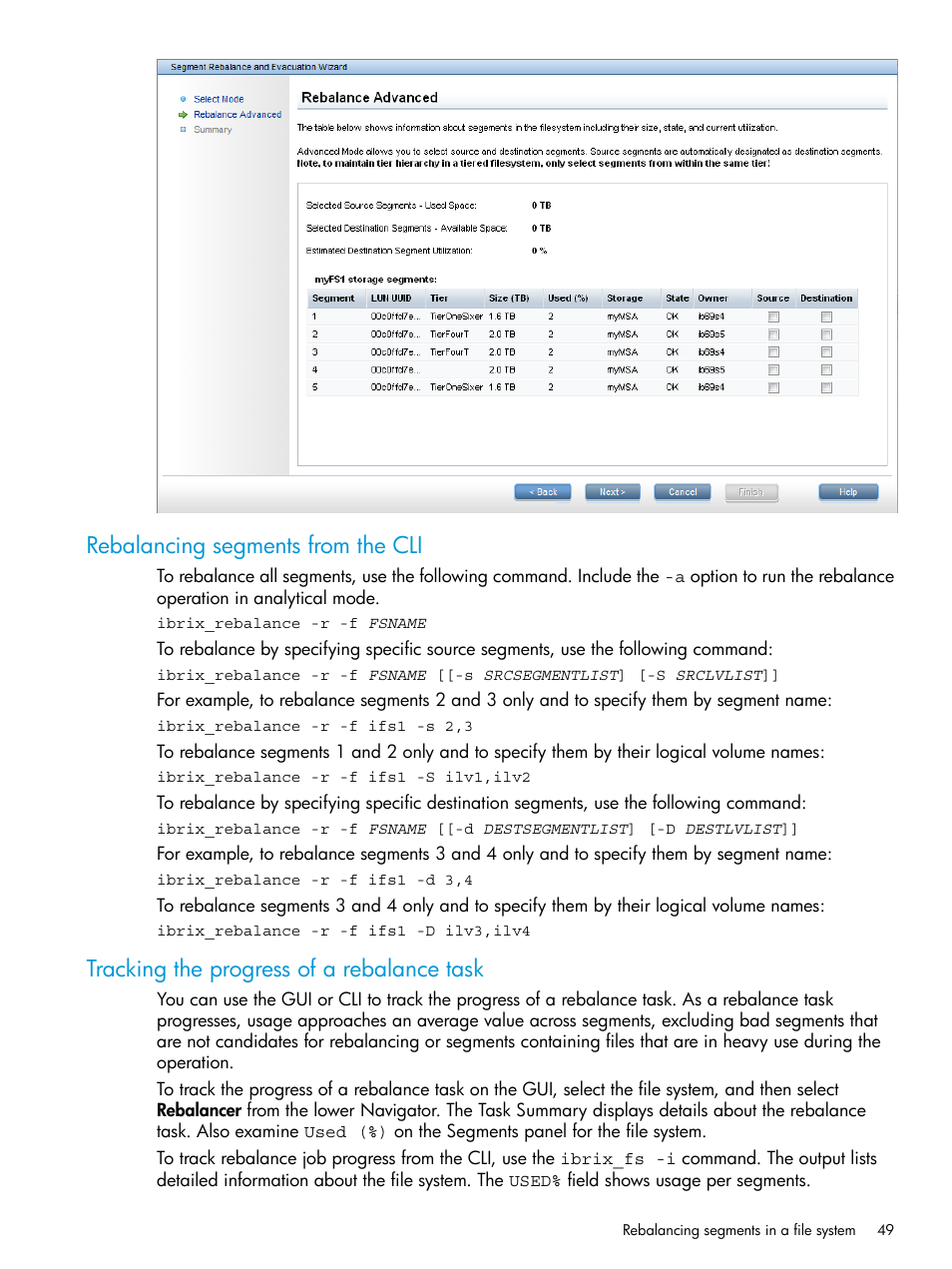 Rebalancing segments from the cli, Tracking the progress of a rebalance task | HP StoreAll Storage User Manual | Page 49 / 406
