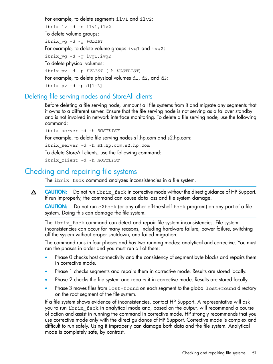 Deleting file serving nodes and storeall clients, Checking and repairing file systems | HP StoreAll Storage User Manual | Page 51 / 406