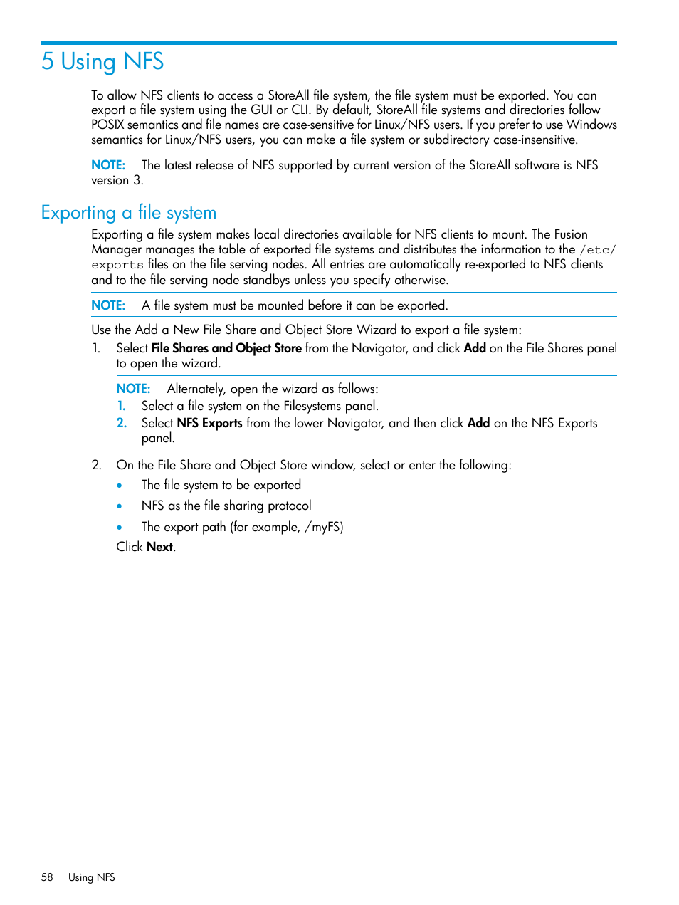 5 using nfs, Exporting a file system | HP StoreAll Storage User Manual | Page 58 / 406