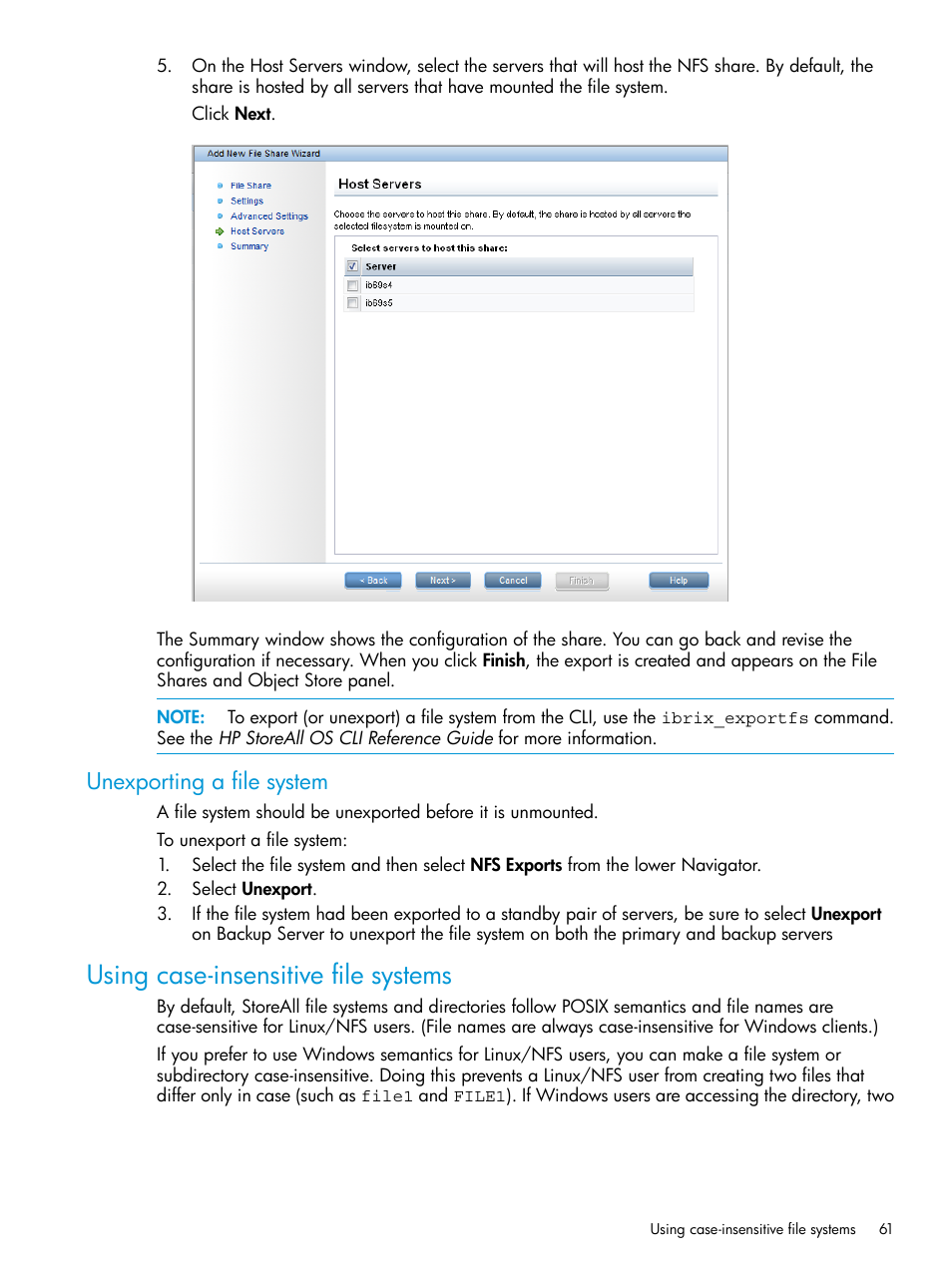 Unexporting a file system, Using case-insensitive file systems | HP StoreAll Storage User Manual | Page 61 / 406