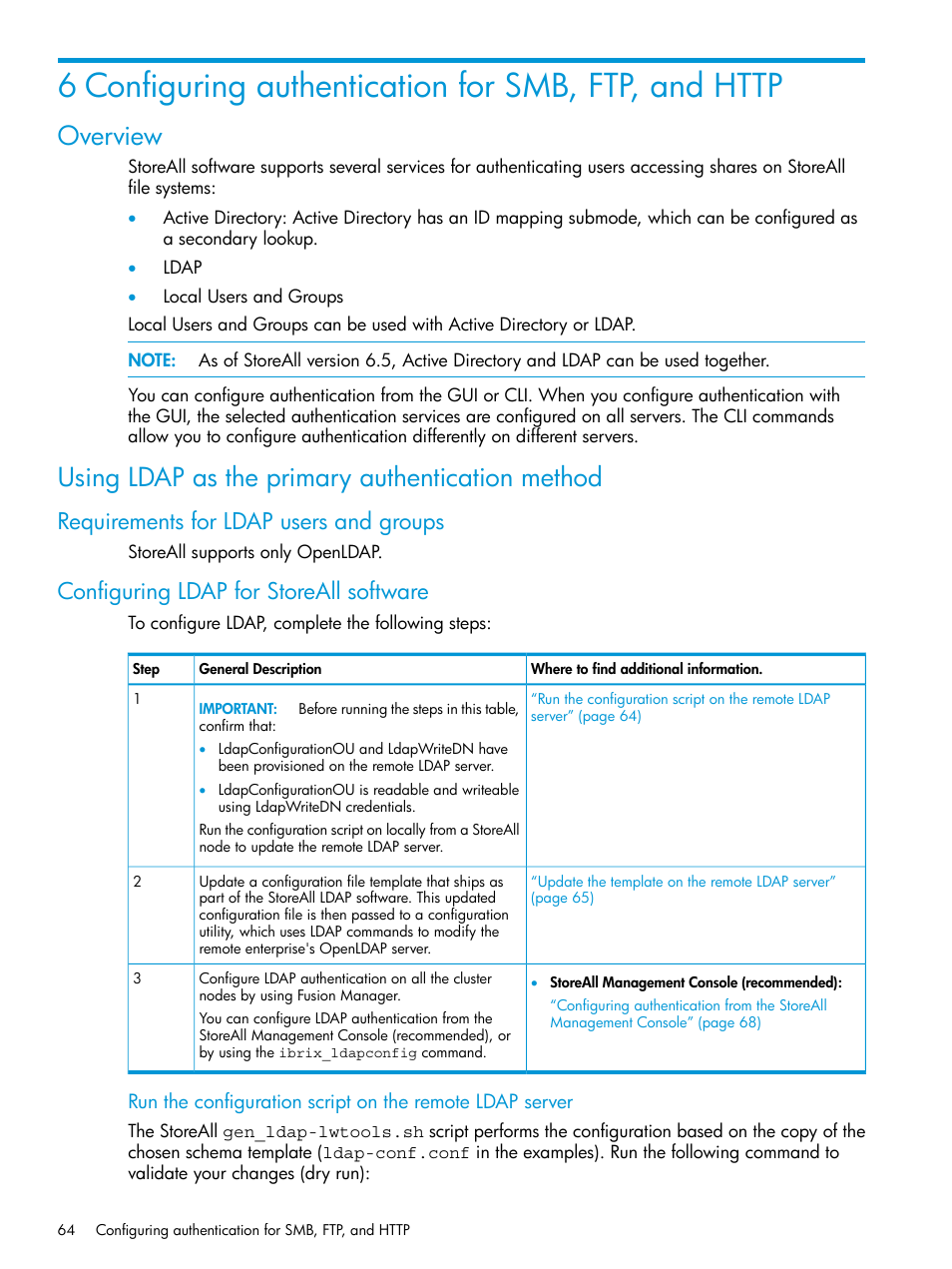 Overview, Using ldap as the primary authentication method, Requirements for ldap users and groups | Configuring ldap for storeall software | HP StoreAll Storage User Manual | Page 64 / 406